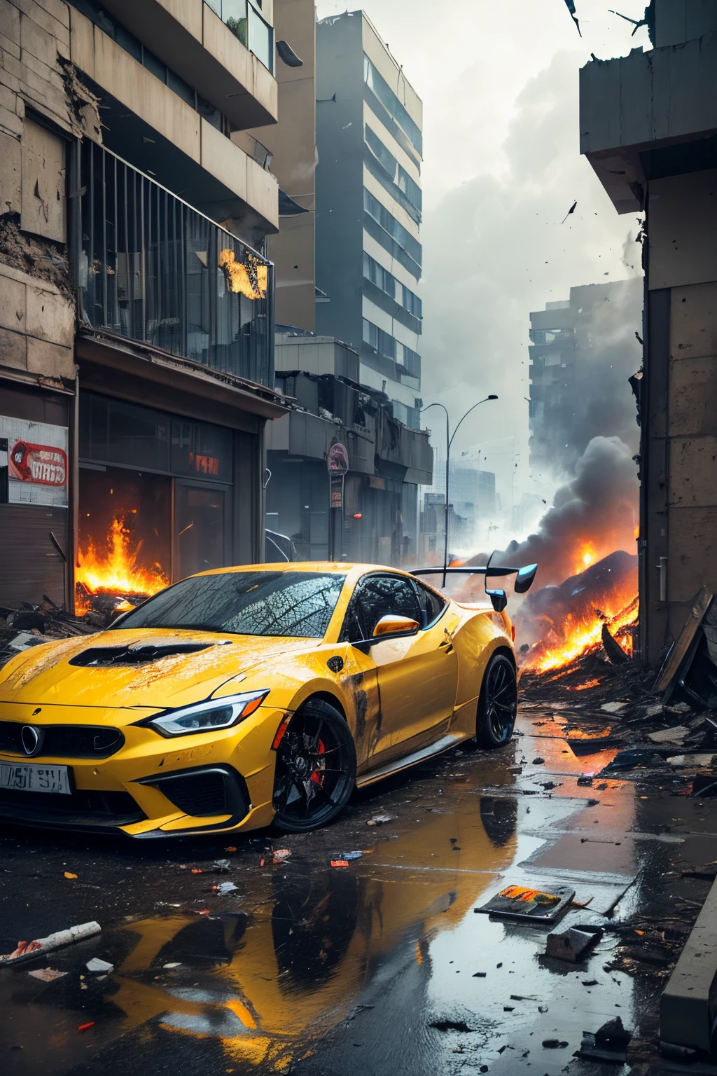 (a yellow sports car embedded in a 3-meter tall building wall with extensive damage and smoke billowing out from every corner),illustration,urban decay,dense rubble,rainy atmosphere,dramatic lighting,yellow tones,shattered glass,crumpled metal,street scene,skid marks,rain-soaked asphalt,urban chaos,surrealistic,gritty,damaged facade,cracked concrete,impressive wreckage,imminent danger,desolation,apocalyptic presence,high-resolution image,vibrant colors,heavy smoke,fire and sparks,thrilling,visual impact