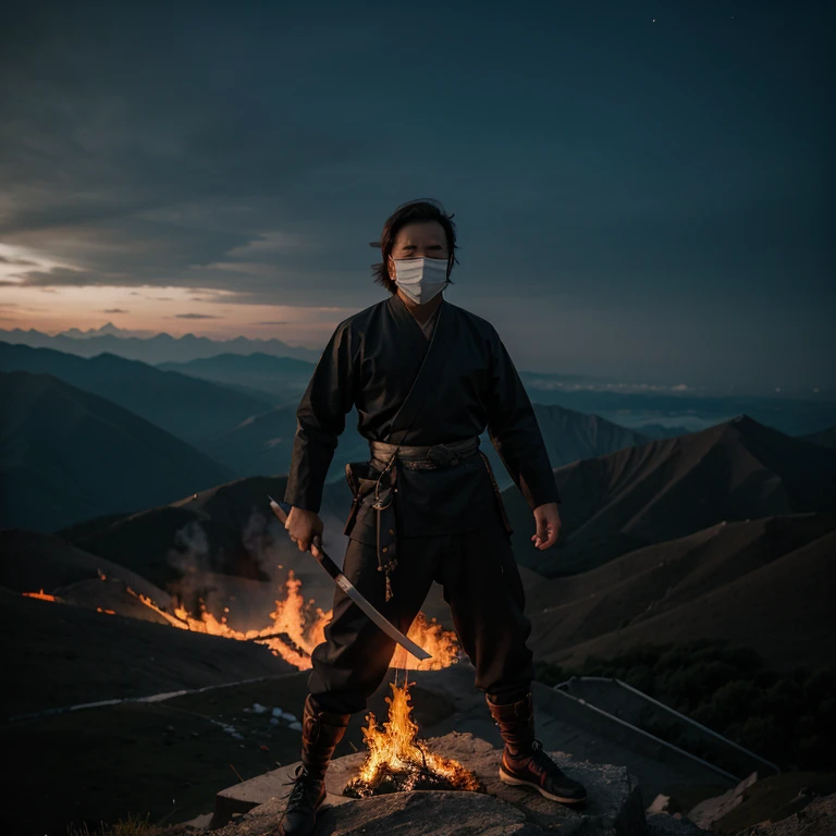 a man with an asiatic mask standing on the top of a mountain, holding a burning katana