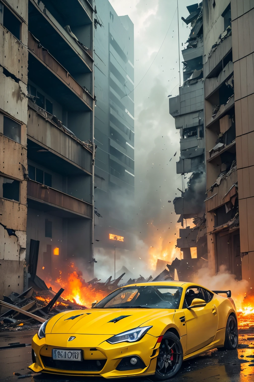 (a yellow sports car embedded in a 3-meter tall building wall with extensive damage and smoke billowing out from every corner),illustration,urban decay,dense rubble,rainy atmosphere,dramatic lighting,yellow tones,shattered glass,crumpled metal,street scene,skid marks,rain-soaked asphalt,urban chaos,surrealistic,gritty,damaged facade,cracked concrete,impressive wreckage,imminent danger,desolation,apocalyptic presence,high-resolution image,vibrant colors,heavy smoke,fire and sparks,thrilling,visual impact