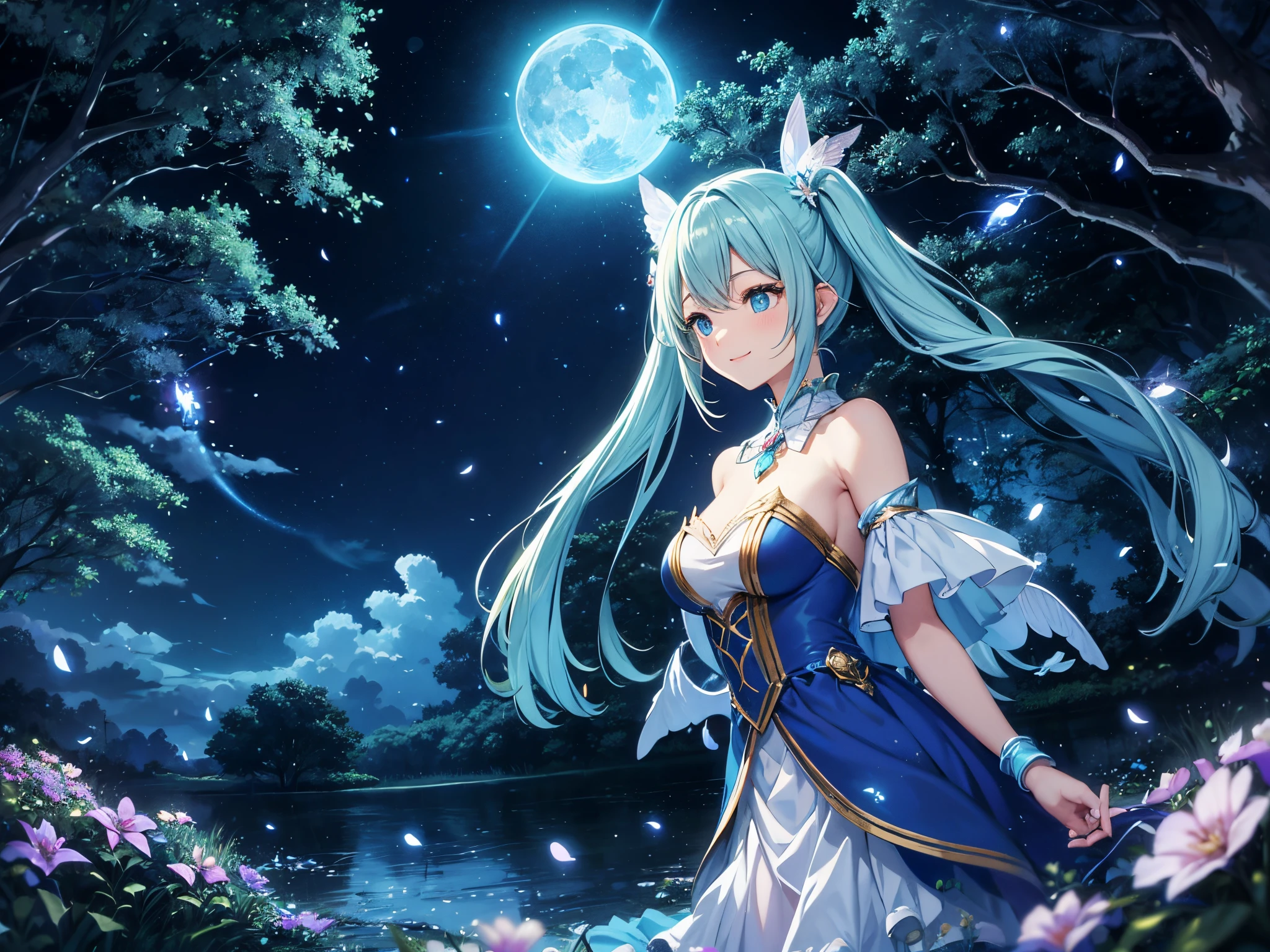 Dynamic Angle、 within a magical forest, a mystical fairy girl emerges, Light blue long hair、Hairstyle is Twintails、adorable smiling、Moonlight twinkle, flower bloom、The tree々While flapping its wings in the sparkling fireflies, the air resonates with the ethereal symphony of nature's whispers, Creating a field where dreams and reality intersect,Fairy World、Fantasy World