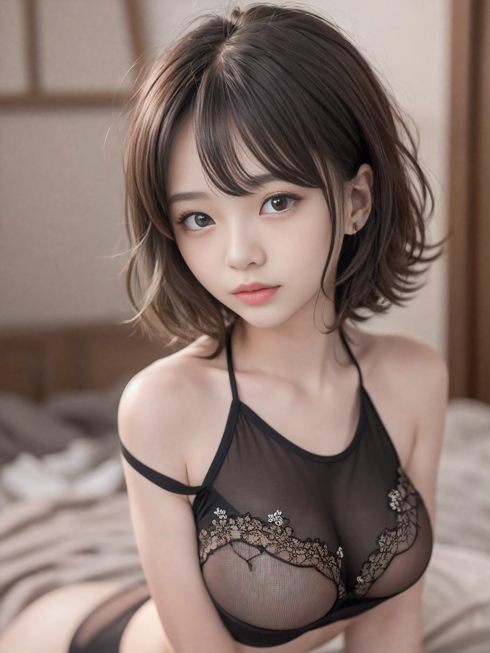 top-quality、Raw photography、masutepiece、ultra-detailliert、Ultra-high resolution、realisitic、highly detailed and beautiful、highly detailed beautiful girl、extra detailed face、extremely detailed eye、highly detailed nose、highlydetailed skin、(One pretty girl、独奏)、18year old:1.2、Cute little girl s、Japanese ido、小柄、flawless skin、Slim body、brown haired、Short curly hair、(Blunt bangs)、A slight smil、kawaii、kawaii faces、Delicat eyes、Sauce order、Colorful swimwear、front facing、large full breasts、perfect round breasts、cleavage、Perfect body、tre anatomically correct