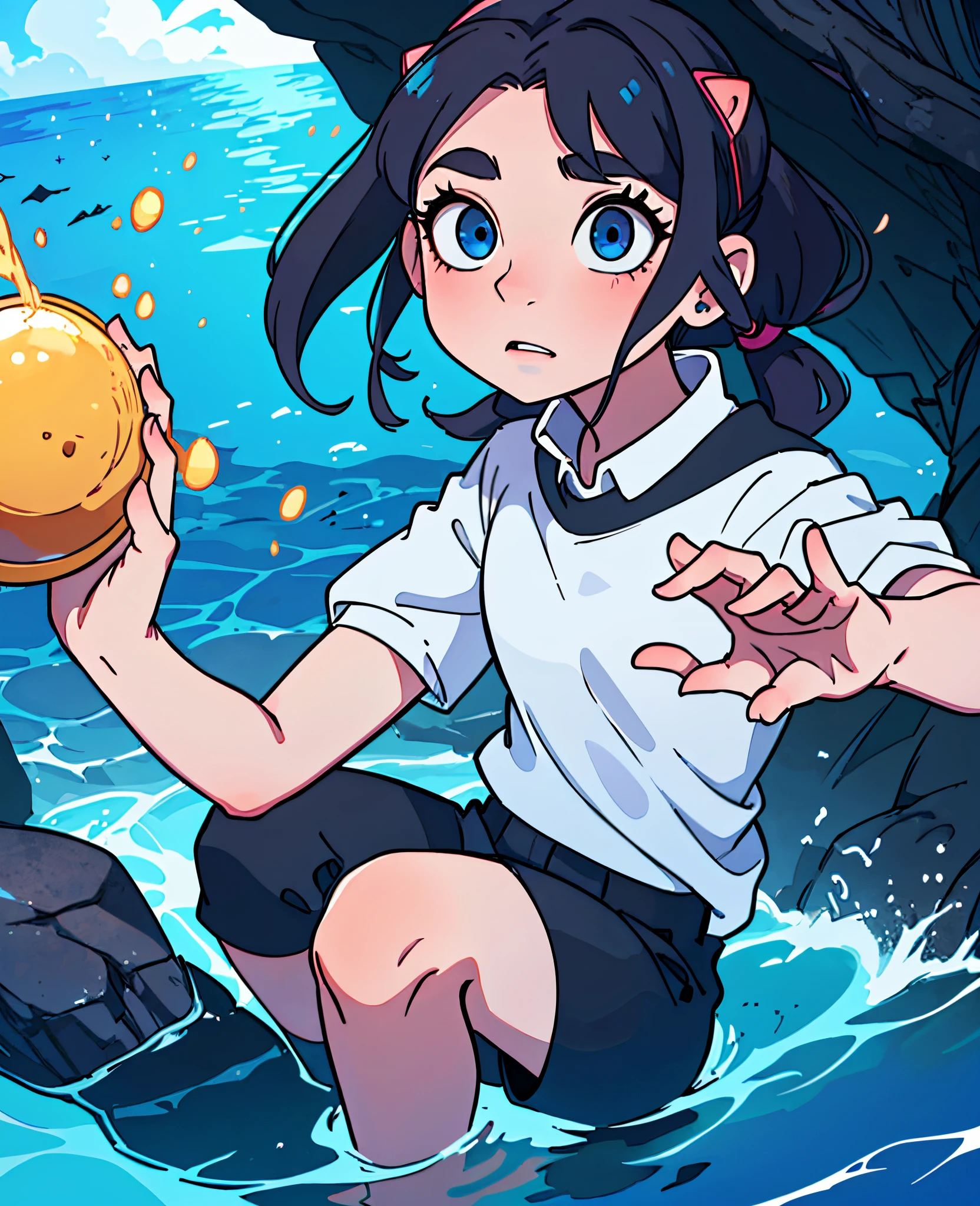 Petite girl with long black high pigtails, pale skin, blue eyes, using magic water powers, my hero academia uniform, anime
