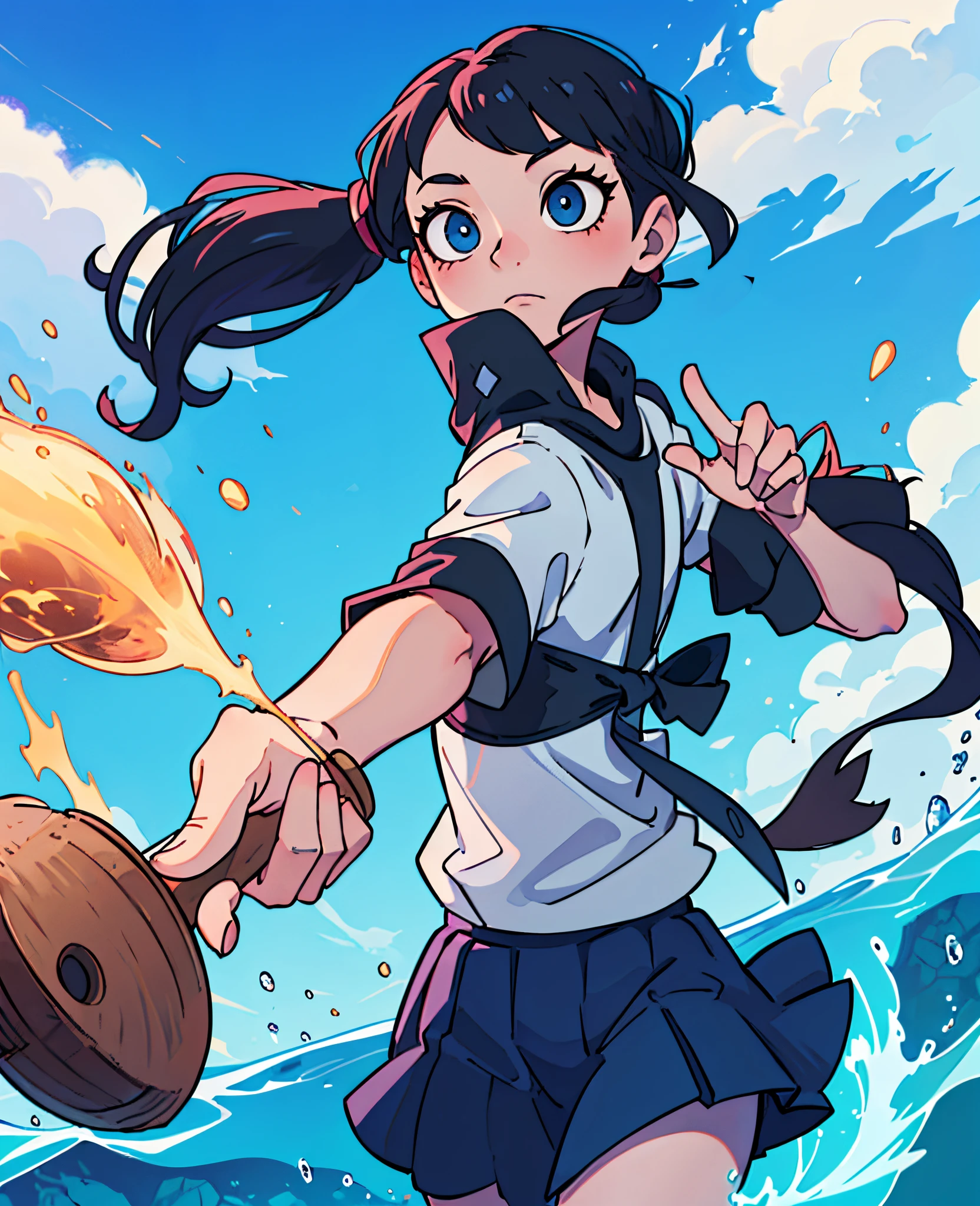 Petite girl with long black high pigtails, pale skin, blue eyes, using magic water powers, my hero academia uniform, anime
