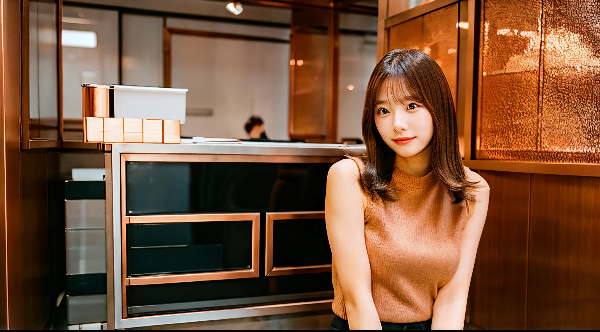A cute 18-year-old office lady in a copper-colored miniskirt