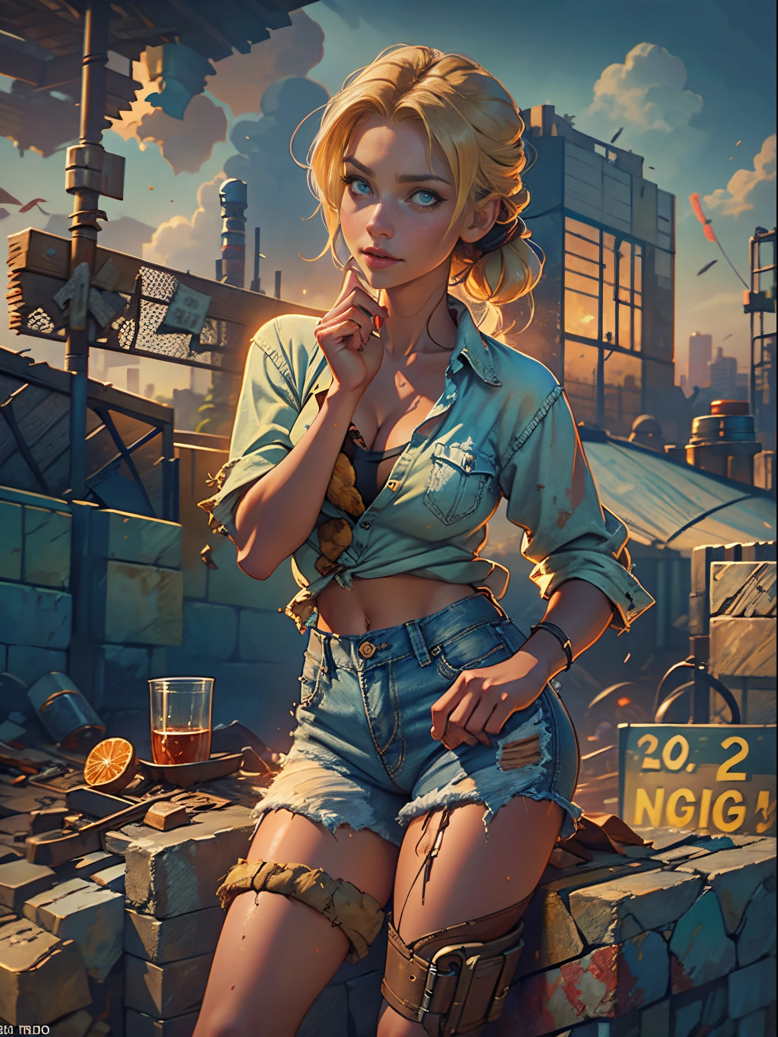 2076 year. The Urban Ruins of the Wasteland, Female huntress picking fruit in the garden, beautiful face, blonde, very torn shirt and denim shorts, shirt in tatters ,  long legs, sweating through, sun rising, Nice warm colors, head to toe full body shot