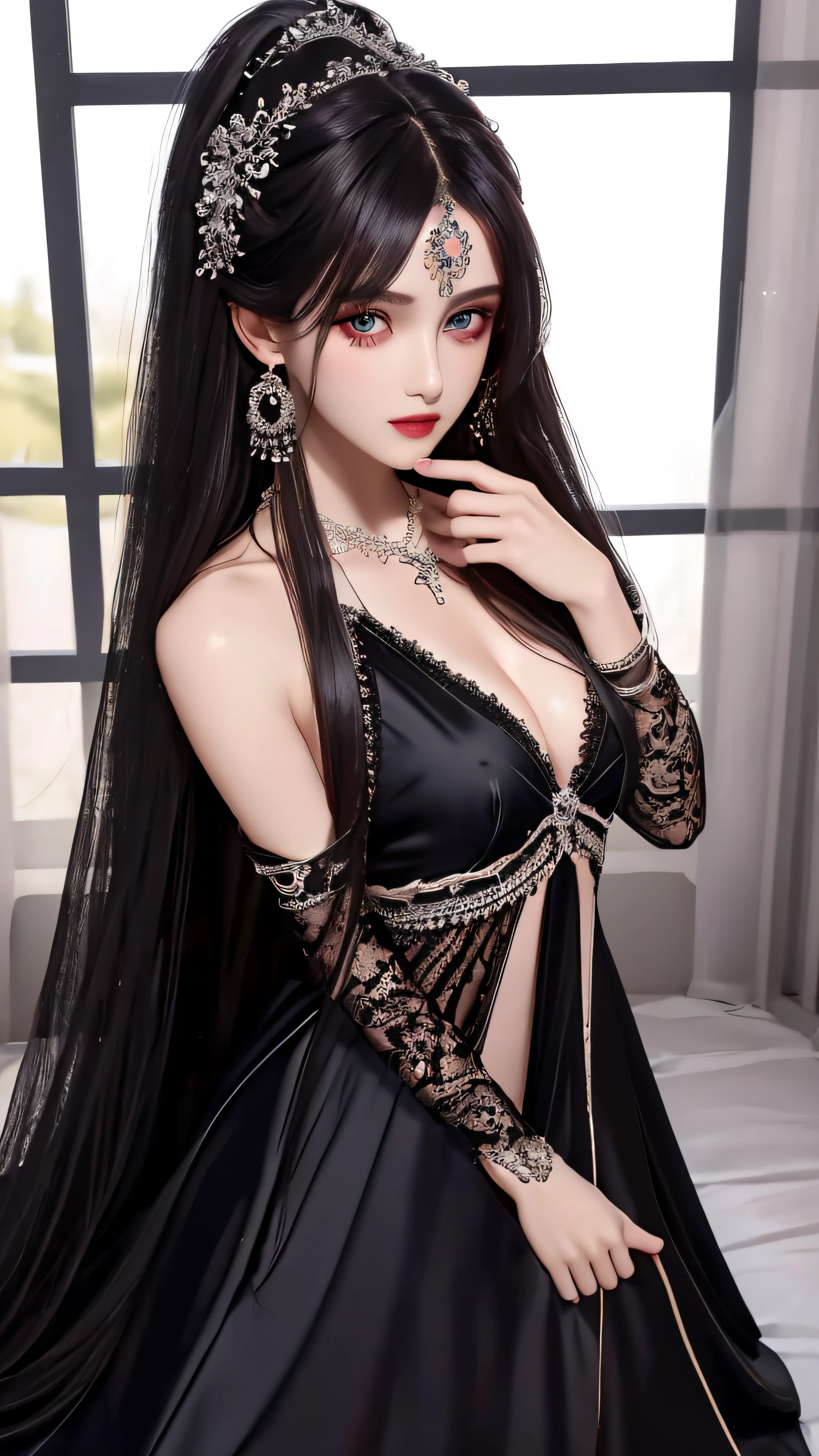 4k, ultra hd, masterpiece, 1 girl, detailed eyes, very long hair, spreading hair, hair ornaments, glossy lips, black princess dress, lace, criss-cross strap dress, bare waist, small breasts, jwellery, earring, necklace, high lighting, dark shadow, window background, blowing iar, realistic effect, very beautiful background,