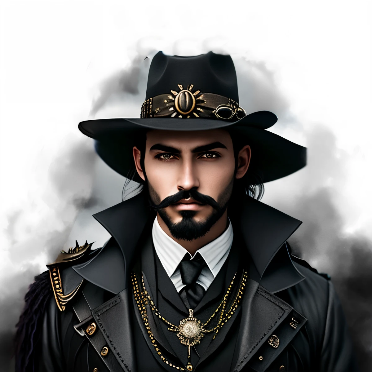 sharp man with hat and mustache in black clothing, um retrato do personagem, portrait of a bloodborne hunter, Retrato masculino steampunk, retrato detalhado do caractere, Arte digital escura, mas detalhada, O Cowboy no Estranho Oeste, ciborgue steampunk ocidental, Stetson preto e casaco, Retrato do personagem darksynth, Homem misterioso, vestido como um xerife ocidental