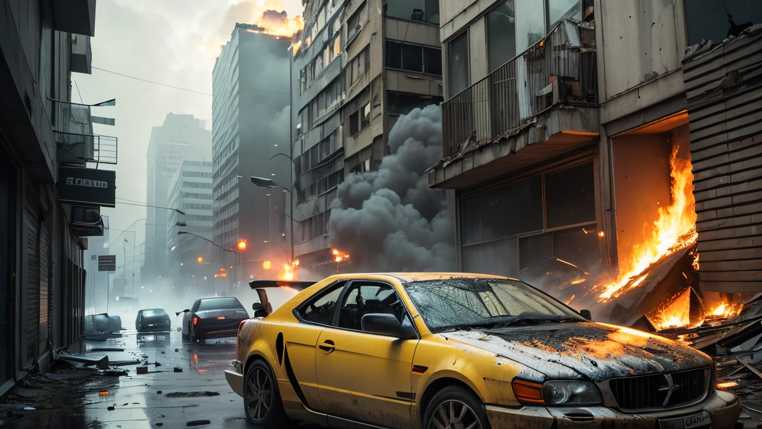 A car on fire with billowing clouds of smoke surrounding it, drifting in the midst of abandoned buildings. The car is engulfed in flames, creating a dramatic and intense scene. The fire illuminates the dark surroundings, casting flickering shadows across the desolate buildings. The flames dance and lick at the car's metal frame, creating a mesmerizing sight. The smoke rises and engulfs the scene, creating an ominous atmosphere. The abandoned buildings stand in decay, their broken windows and crumbling walls adding to the overall eerie ambiance. The car's tires screech against the concrete as it spins out of control, leaving black marks on the ground. The smoke twists and turns, creating intricate patterns in the air. The flames reflect off the glass windows of the buildings, adding a touch of red and orange to the scene. The abandoned buildings serve as a haunting backdrop, with broken windows, graffiti-covered walls, and overgrown vegetation reclaiming the space. The car's fiery glow contrasts with the dark and somber surroundings. The light from the flames illuminates the nearby debris, revealing pieces of twisted metal and shattered glass. The sound of crackling fire and crumbling structures fills the air, lending a sense of chaos and danger. The scene is captured with the best quality, high resolution, and ultra-detailed precision. The colors are vivid, with shades of orange, red, and black dominating the palette. The lighting is dramatic, with the fire casting dynamic shadows and highlights across the scene. This prompt combines elements of destruction, abandonment, and danger, creating a powerful and visually striking image.