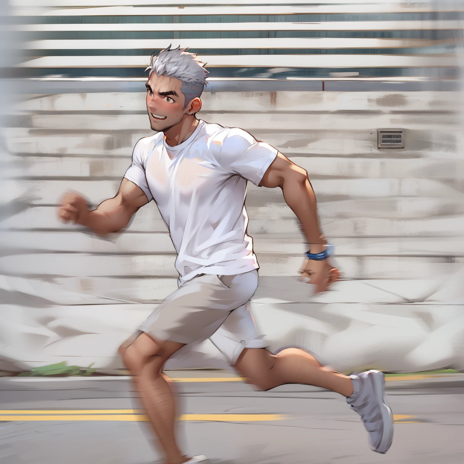 A man running around in a white t-shirt, Bermuda  , Detal Face