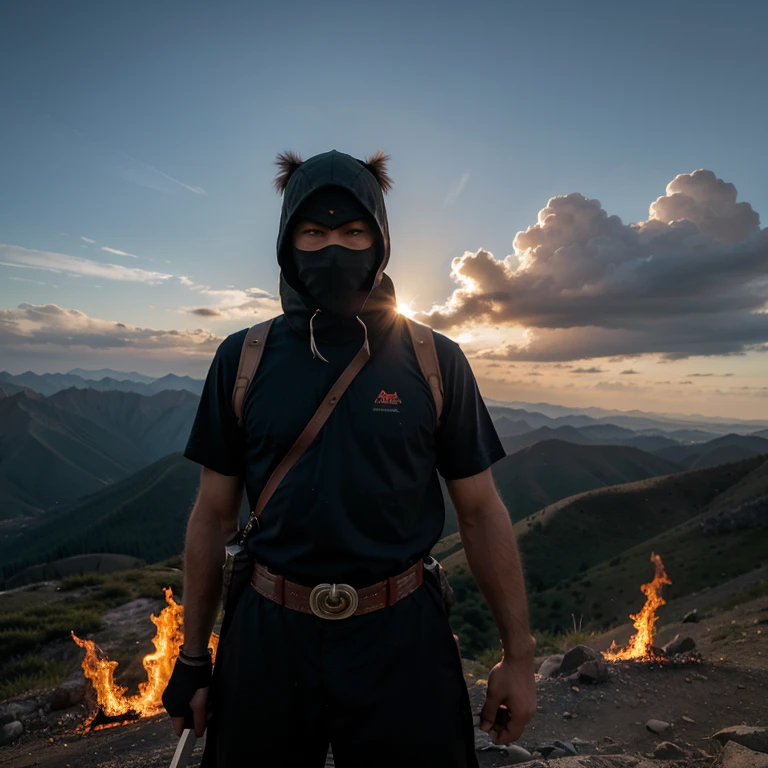 a man with mask standing on the top of a mountain, holding a burning katana