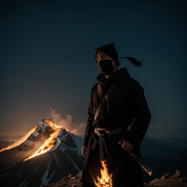 a man with mask standing on the top of a mountain, holding a burning katana
