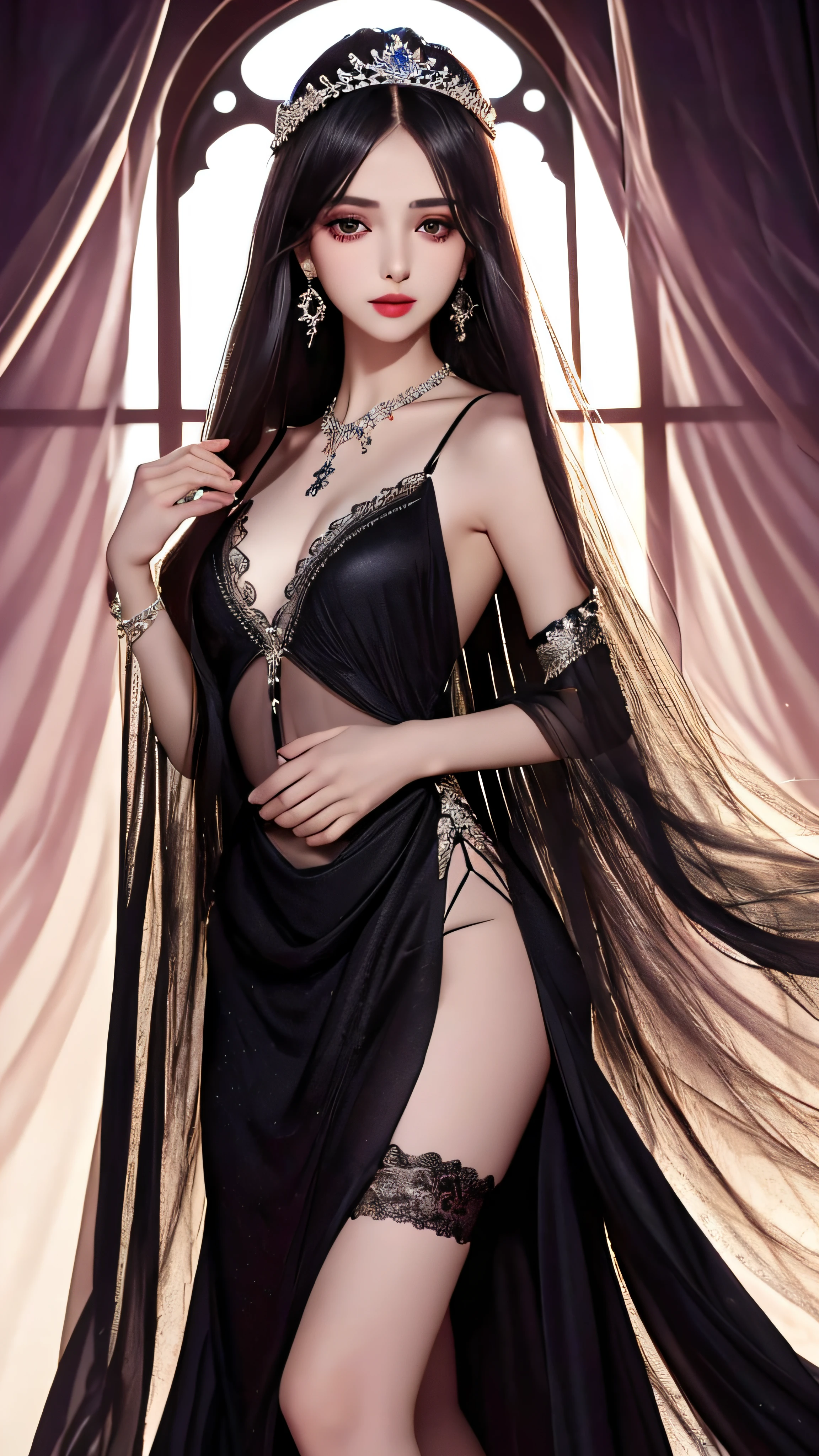 4k, ultra hd, masterpiece, 1 girl, detailed eyes, very long hair, spreading hair, hair ornaments, glossy lips, black princess dress, lace, criss-cross strap dress, bare waist, small breasts, jwellery, earring, necklace, high lighting, dark shadow, window background, blowing iar, realistic effect, very beautiful background,
