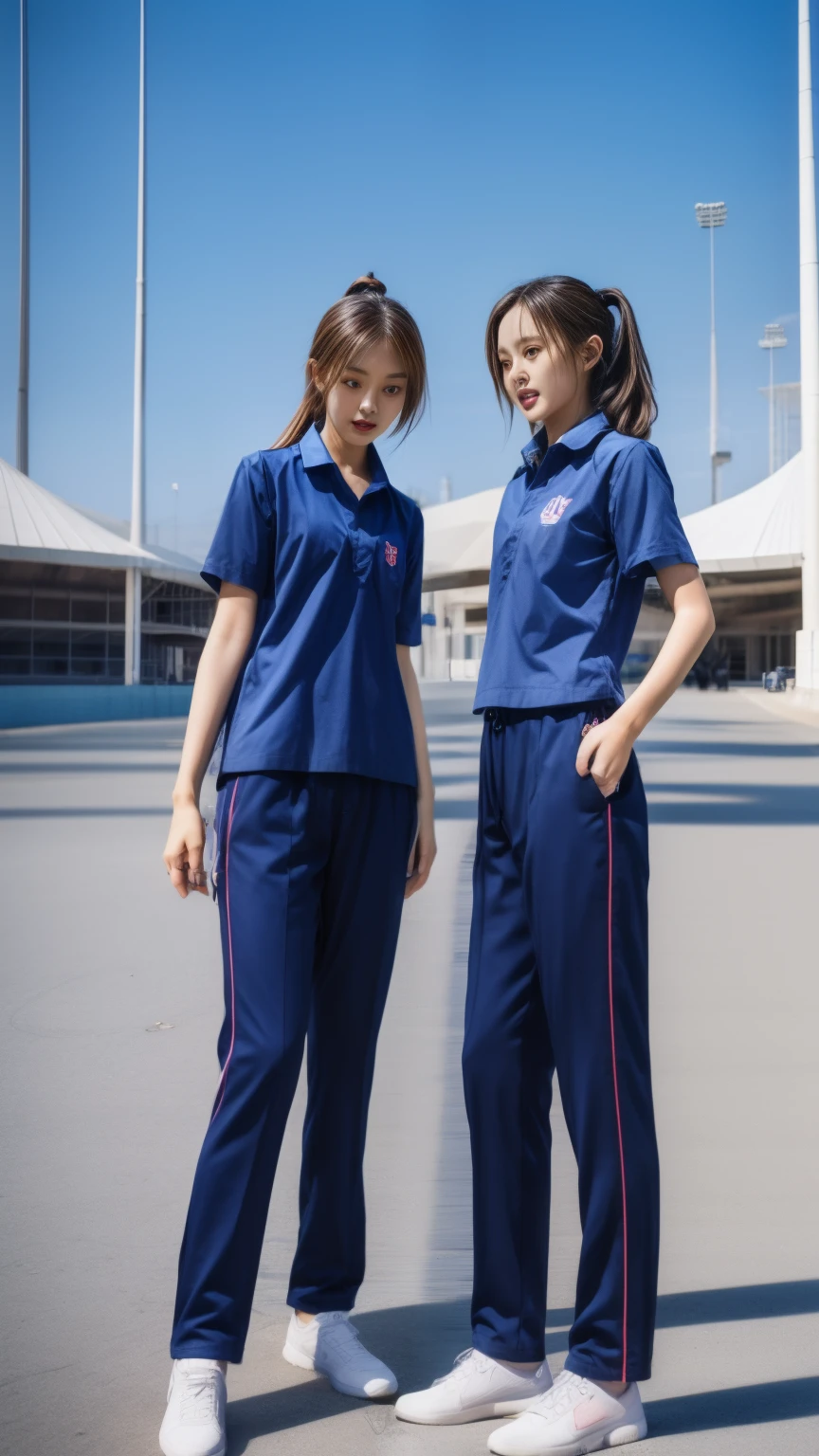 3 girls lie about in the garden , Navy blue short-sleeved shirt,Navy Long Trackpant,Sweatpants, Sweatpantsขายาว,25 year old girl, lesbian, sexy, exercise clothes, wet body, exercise clothes