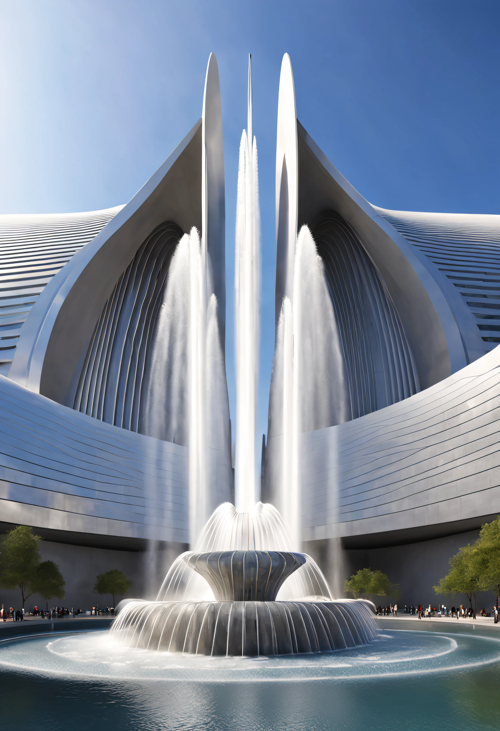 sci-fy, (huge fountain), Lots of water, asymmetrical, Complicated details,
Background with: minimalist silver building,The is very detailed, Best quality at best, tmasterpiece, A high resolution, Hyper-realistic, top views, low angle view, Ray traching,santiago calatrava,