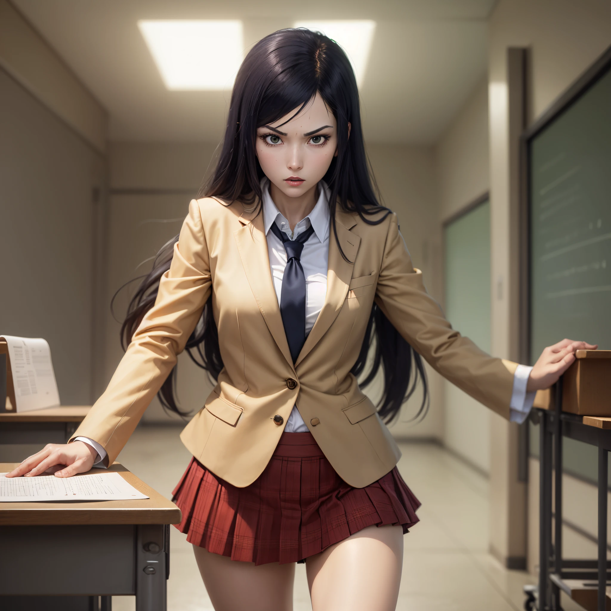 Generate a masterpiece feature solo anime girl Kurihara mari from prison school anim series,back length black hair, green eyes Hachimitsu Private Academy's female uniform, which consists of a brown blazer with a red tie, a white long-sleeved shirt, a pleated skirt, and black knee-high socks, standing pose, hand looking at viewers, angry expression, face up closer, classroom background, best quality