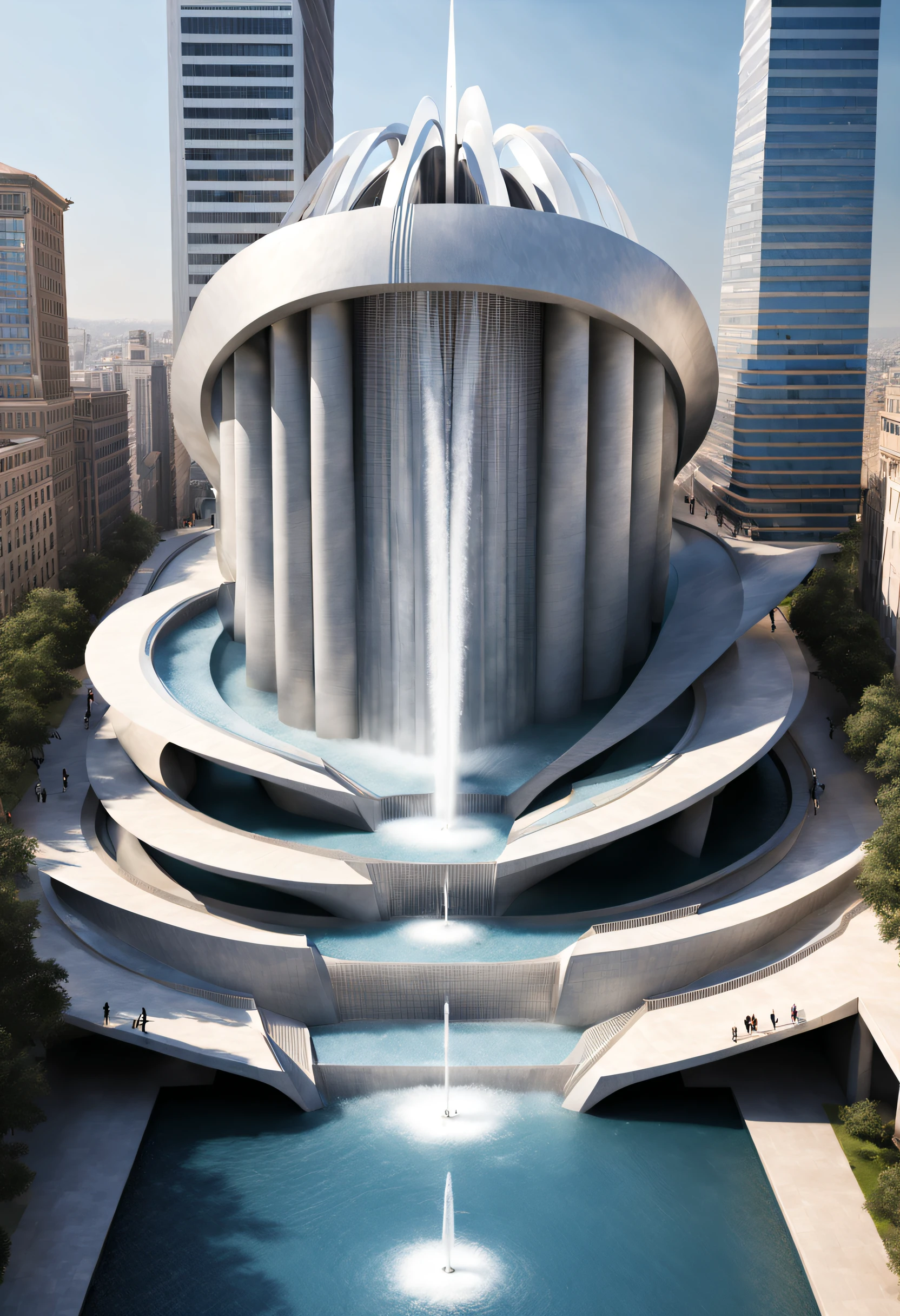 sci-fy, (huge fountain), Lots of water, asymmetrical, Complicated details,
Background with: minimalist silver building,The is very detailed, Best quality at best, tmasterpiece, A high resolution, Hyper-realistic, top views,  low angle view,  Ray traching,santiago calatrava,