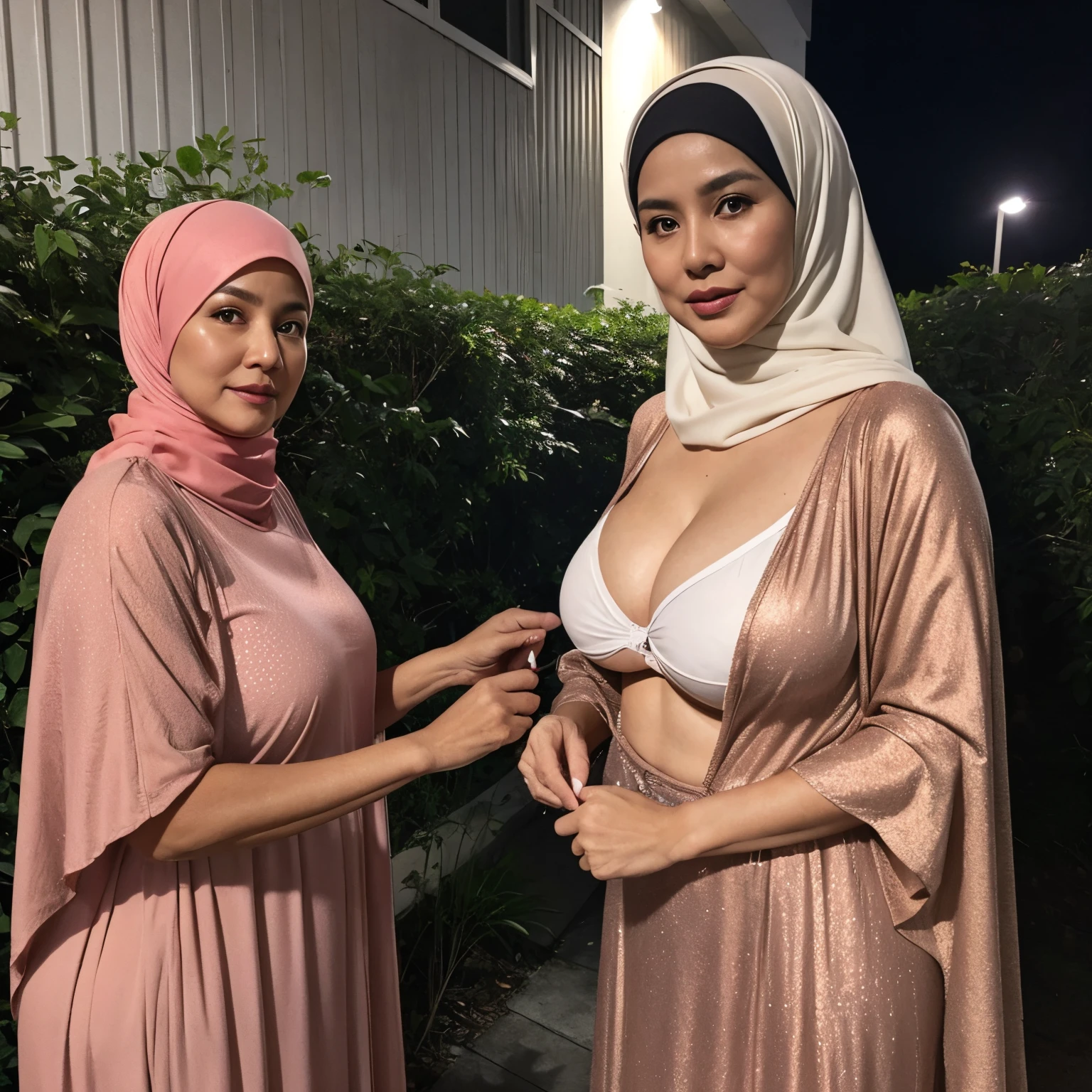 56 years Old, Hijab Indonesian mature woman, Big Tits : 42.9, Gamis, curvy body, Breast about To burst out from her clothes, ReallisticWrinkels body, reallistic mature Breast, at doctor office, Dark light, at Nighttime.