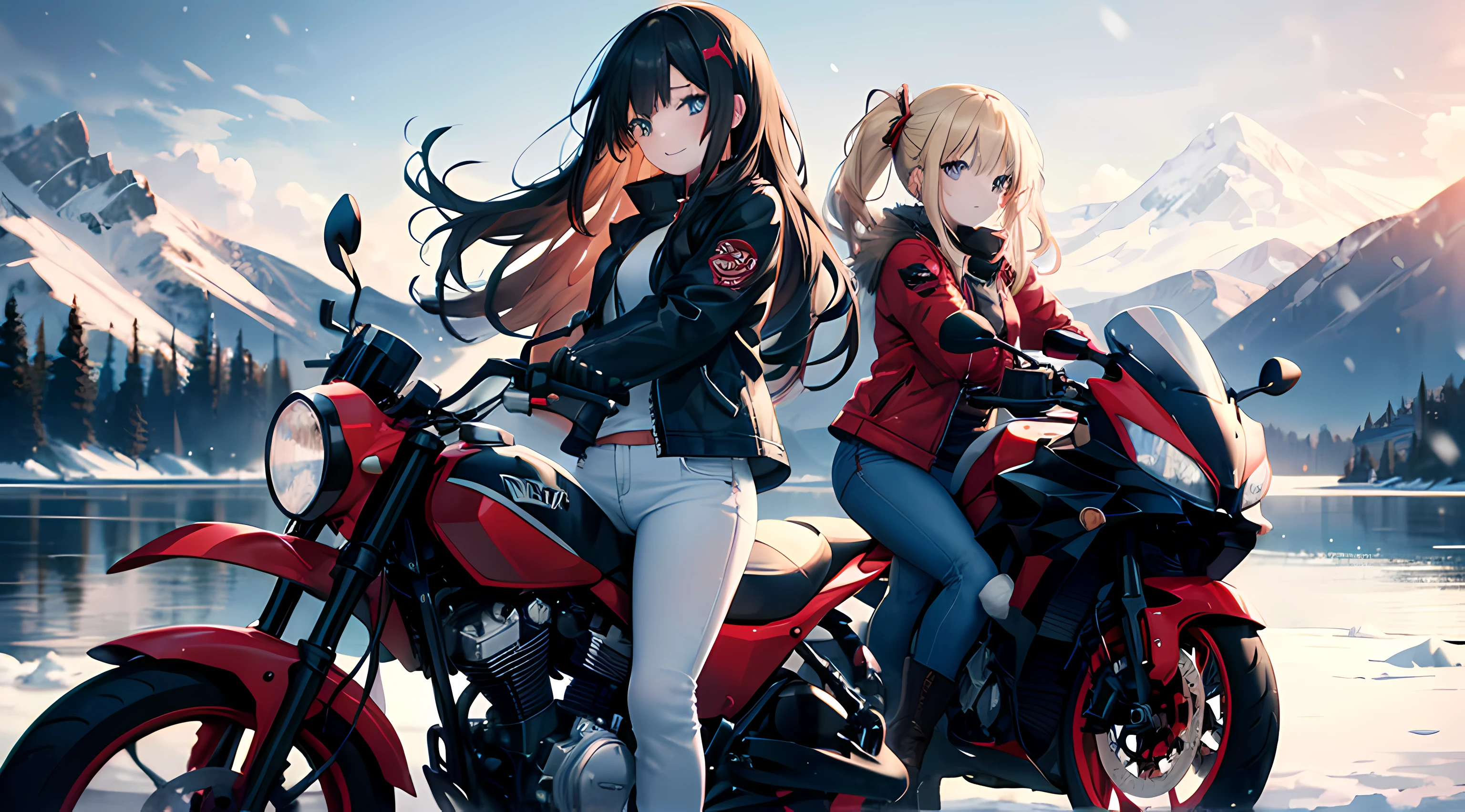 two anime girls riding a motorcycle, red motorcycle, heavy snow, a small lake in the background, snowing, (2girls), long black hair, long blonde hair, brown eyes, blue eyes, red leather jackets, tight jeans, smile, ultrasharp, masterpiece, high res, 8k