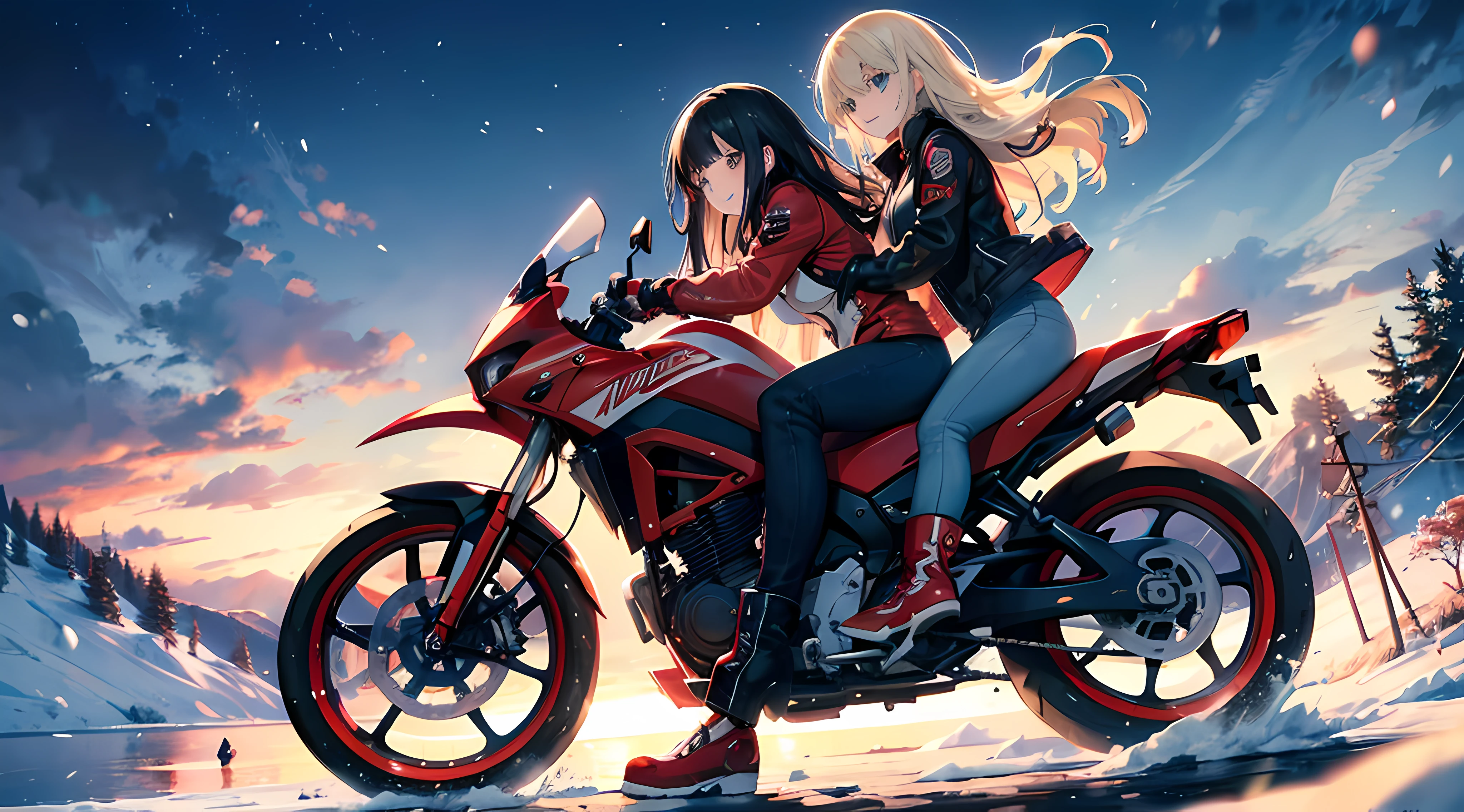 two anime girls riding a motorcycle, red motorcycle, heavy snow, a small lake in the background, snowing, (2girls), long black hair, long blonde hair, brown eyes, blue eyes, red leather jackets, tight jeans, smile, ultrasharp, masterpiece, high res, 8k