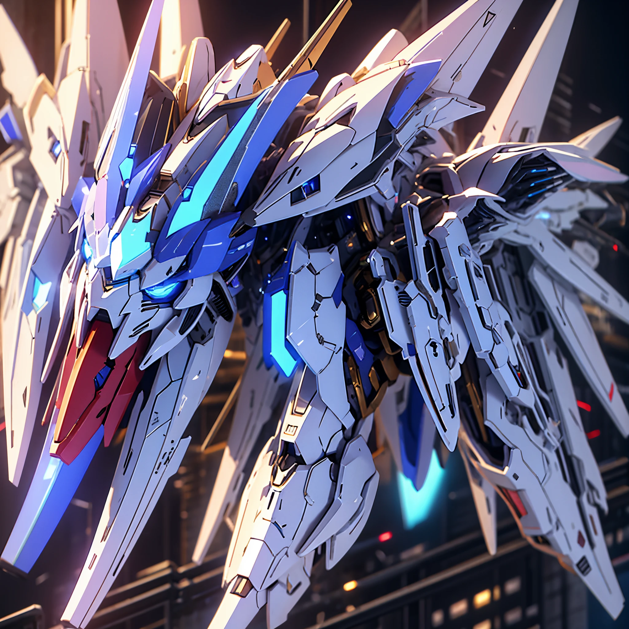 Gundam, holding two sabers, glowing blue eyes, mechanical wing,