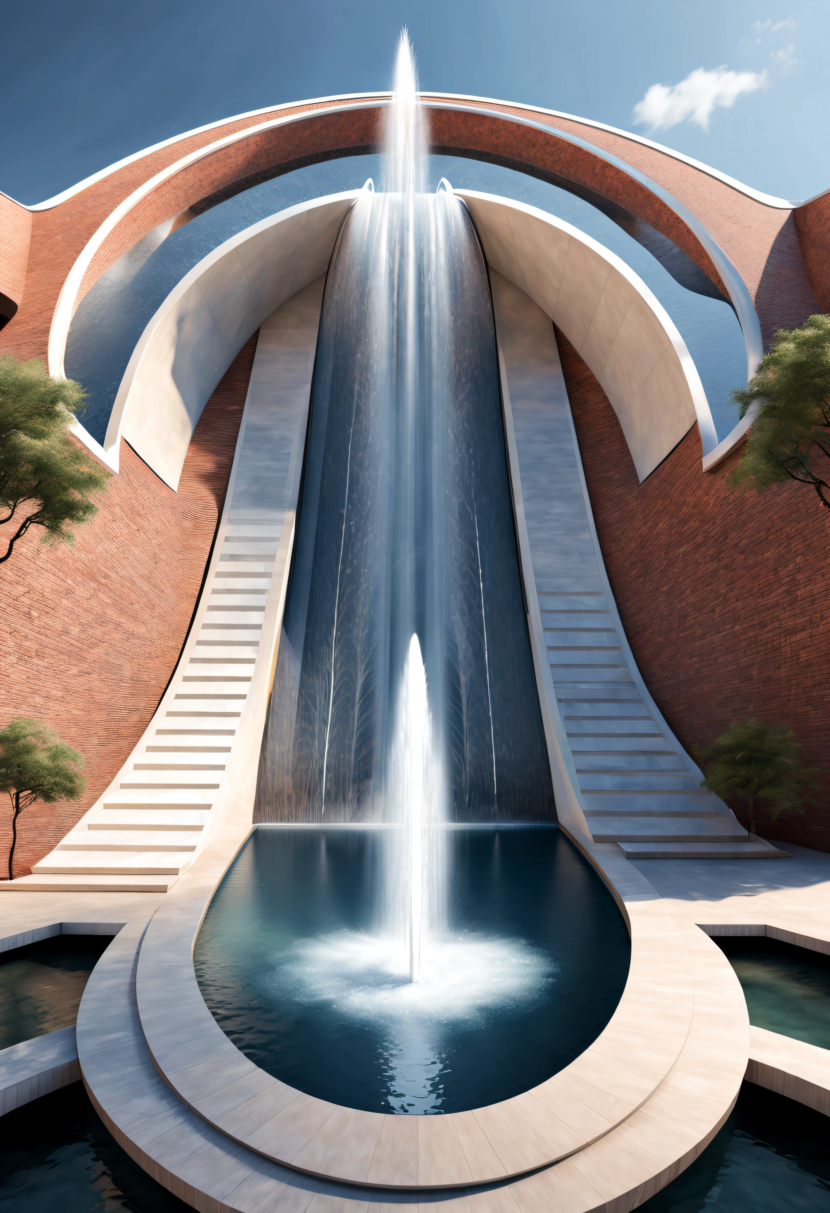 Sci-fi, (huge fountain), lots of water, asymmetry, intricate details,
Background: Minimalist silver architecture,extremely detailed, best quality, masterpiece, high resolution, Hyperrealistic, top-view,  low angle view,  ray traced,by Santiago Calatrava,Brick Wall, Mosaic Wall,