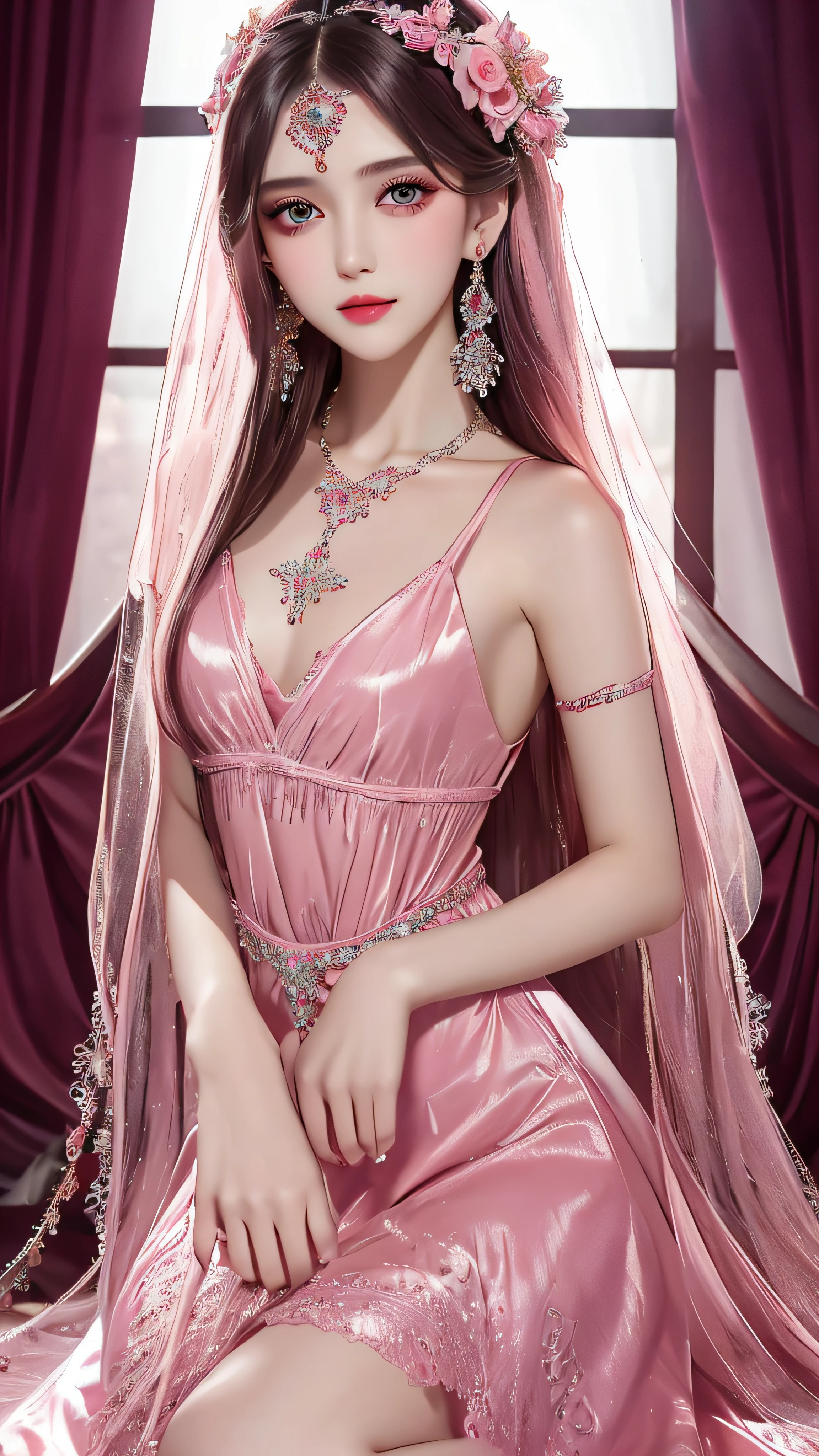 4k, ultra hd, masterpiece, 1 girl, detailed eyes, very long hair, spreading hair, hair ornaments, glossy lips, pink princess dress, lace, criss-cross strap dress, bare waist, small breasts, jwellery, earring, necklace, high lighting, dark shadow, window background, blowing iar, realistic effect, very beautiful background,