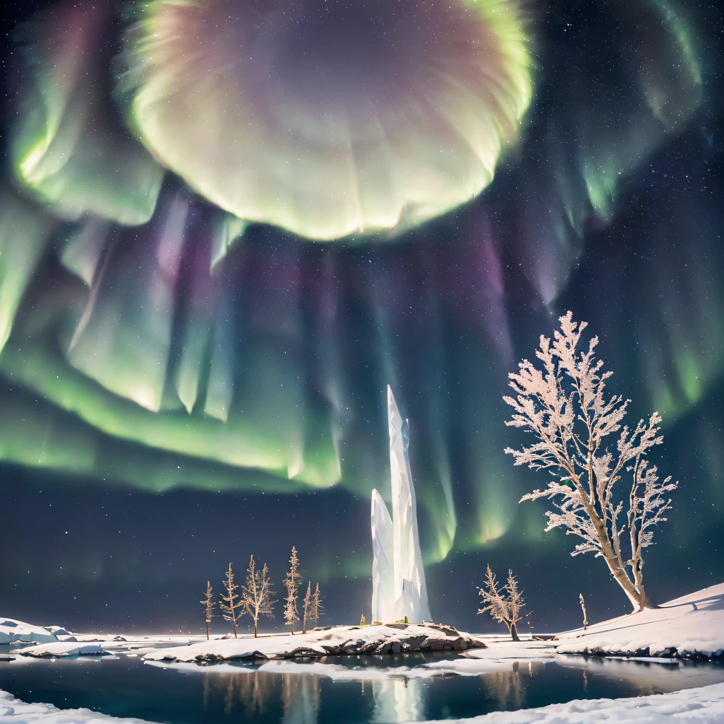 (extreme light,fritillary light,Northern Lights,Conspicuous group of auroras,Aurora Falls,Aurora Beach,Aurora Wave,The entire sky was filled with aurora borealis,Changeable colors,Starcloud,starrysky,black hole:1.55),This is a surreal complex CG rendering. At night, the light blue sky, the sand beach is covered with crystal clear, lifelike jade, glittering white and pink lily of the valley and petals, heart-shaped bright goose warm stone, crescent shaped sea water, Moon, Starlight, art, k hd, Starry sky, many small and colorful luminous particles, which are captured by the Milky Way, atarctive, tundra and icebergs, fantasy, Dream, High detail, Beauty, 8K, Natural warm light effect,aurora, octane light and shadow, Complex details, super wide-angle Panoramic photography. HD. volume light, Reflection, reflective light, exaggerated moonlight reflection.16K HD – Chaos 100