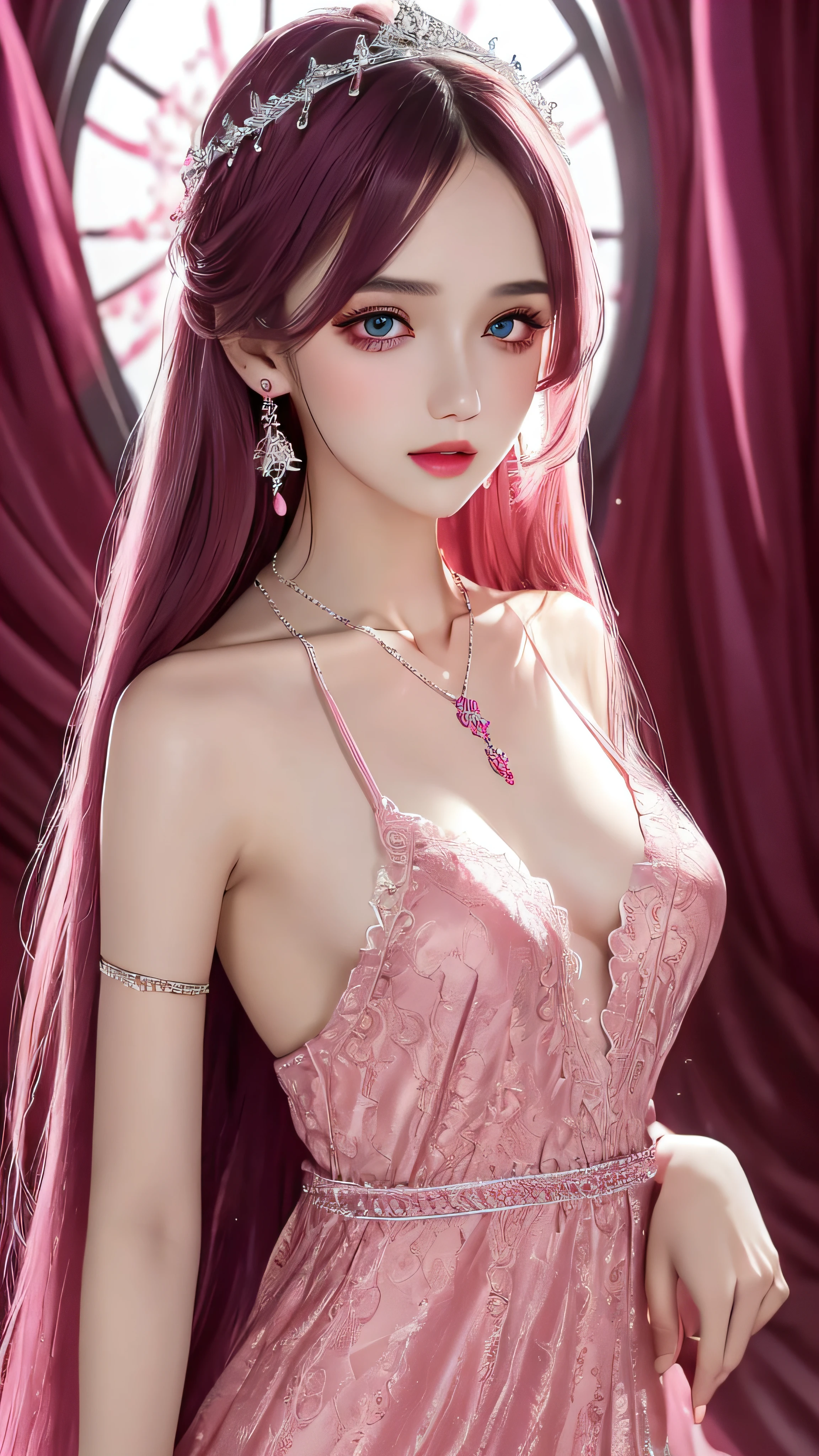4k, ultra hd, masterpiece, 1 girl, detailed eyes, very long hair, spreading hair, hair ornaments, glossy lips, pink princess dress, lace, criss-cross strap dress, bare waist, small breasts, jwellery, earring, necklace, high lighting, dark shadow, window background, blowing iar, realistic effect, very beautiful background,
