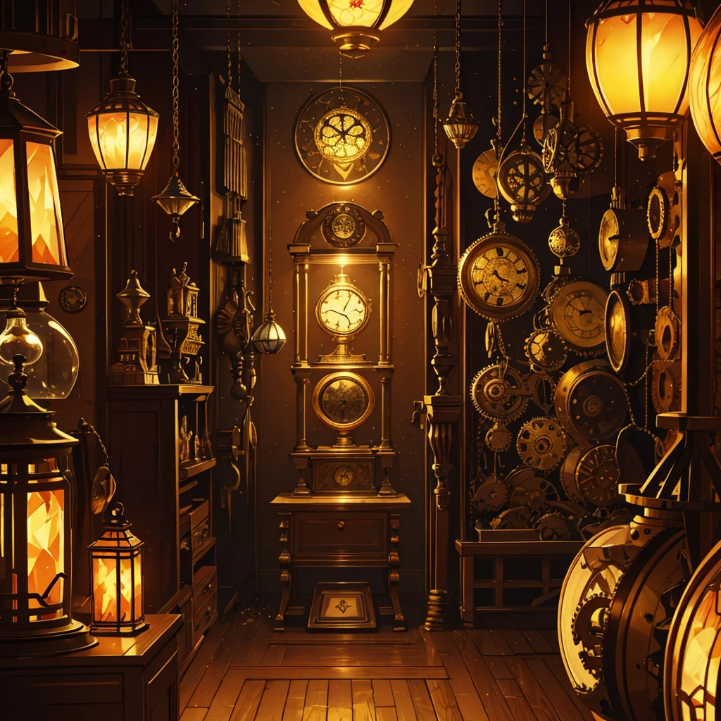 absurdres, best quality, fine detailed, 8k, no humans, Many huge colorful clocks and gears floating in a dimly lit large room, a huge karakuri clock decorated with crystal texture, gears of various sizes, clock-themed ornament, silver chain, Antique store, craft workshop, lampshade, jewelry box, music box, steampunk, ray tracing, refraction, cinematic lighting, fisheye lens, tyndall effect