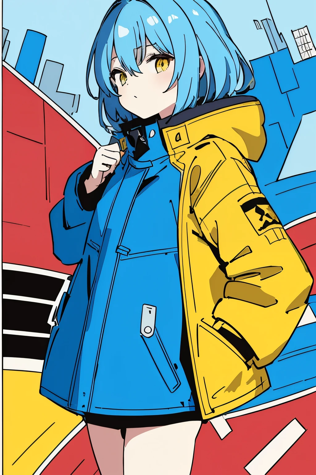 (​masterpiece:1.3), (top-quality:1.2), (An ultra-fine illustrations:1.2), (​masterpiece), hightquality, high detailing, ((unparalleled masterpiece ever, top-quality, erfect artwork)),
highly contrast、flat-colors、splashes of colour、Color mashing、Colorful paint explosion pattern、explosion background、broken colorful glass、
Autumn in the city、Very heavy rain、block of water、noon city、big explosion、
Falling Girl、length hair、medium breast size、blue hairs、yellow  eyes、Look at another one、
[(Pale blue background:1.1)::5], [(Portraits of game characters:1.2):5], (overturning:1.2), overturning, (Stumbled), {hide one's hands}, {{Hands in pockets}}}, {{Hands on the sleeve}}
Stumble、From Side、parka、JINS、Bring your hands closer、
colorful color here and there、Colorful paint explosion pattern、
(illustratio:1.2), Very Wide Shot, (line-drawing:1.2), {{Only 5 fingers}}