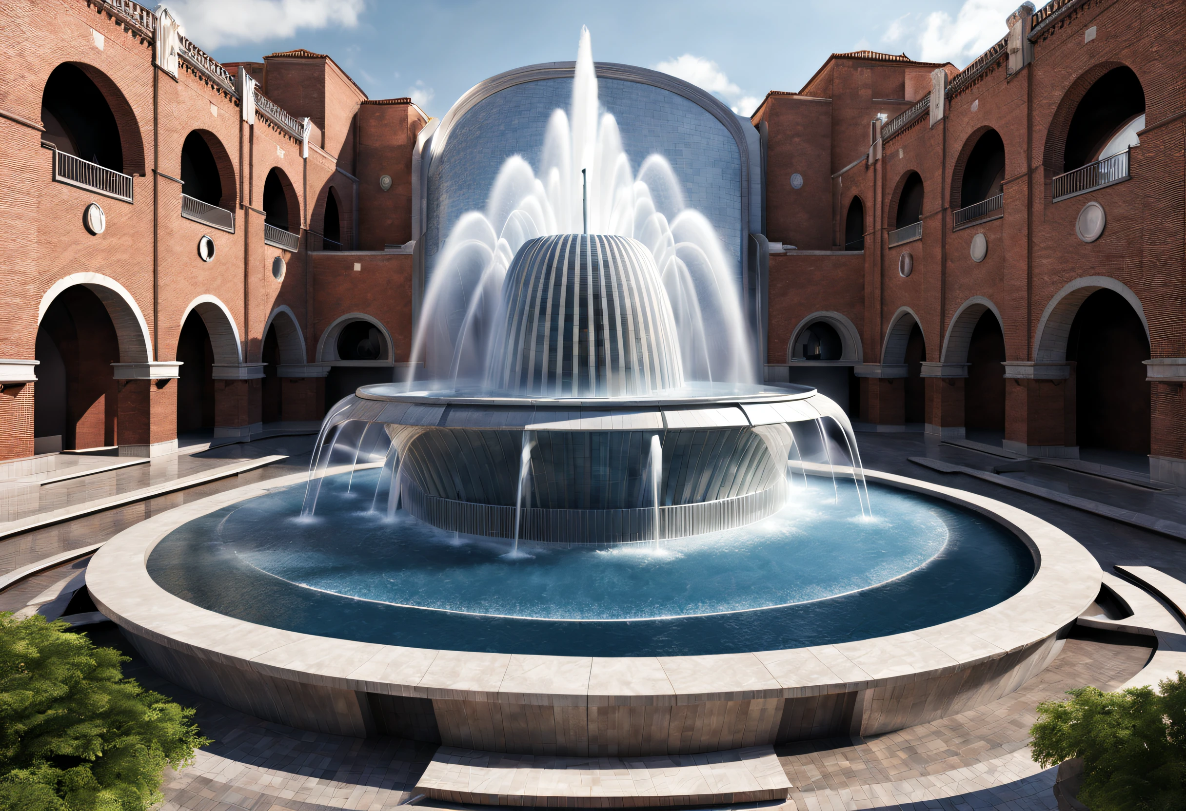 sci-fy, (huge fountain), Lots of water, asymmetrical, Complicated details,
Background with: minimalist silver building,The is very detailed, Best quality at best, tmasterpiece, A high resolution, Hyper-realistic, top views, low angle view, Ray traching,santiago calatrava,brick walls, Mosaic wall,