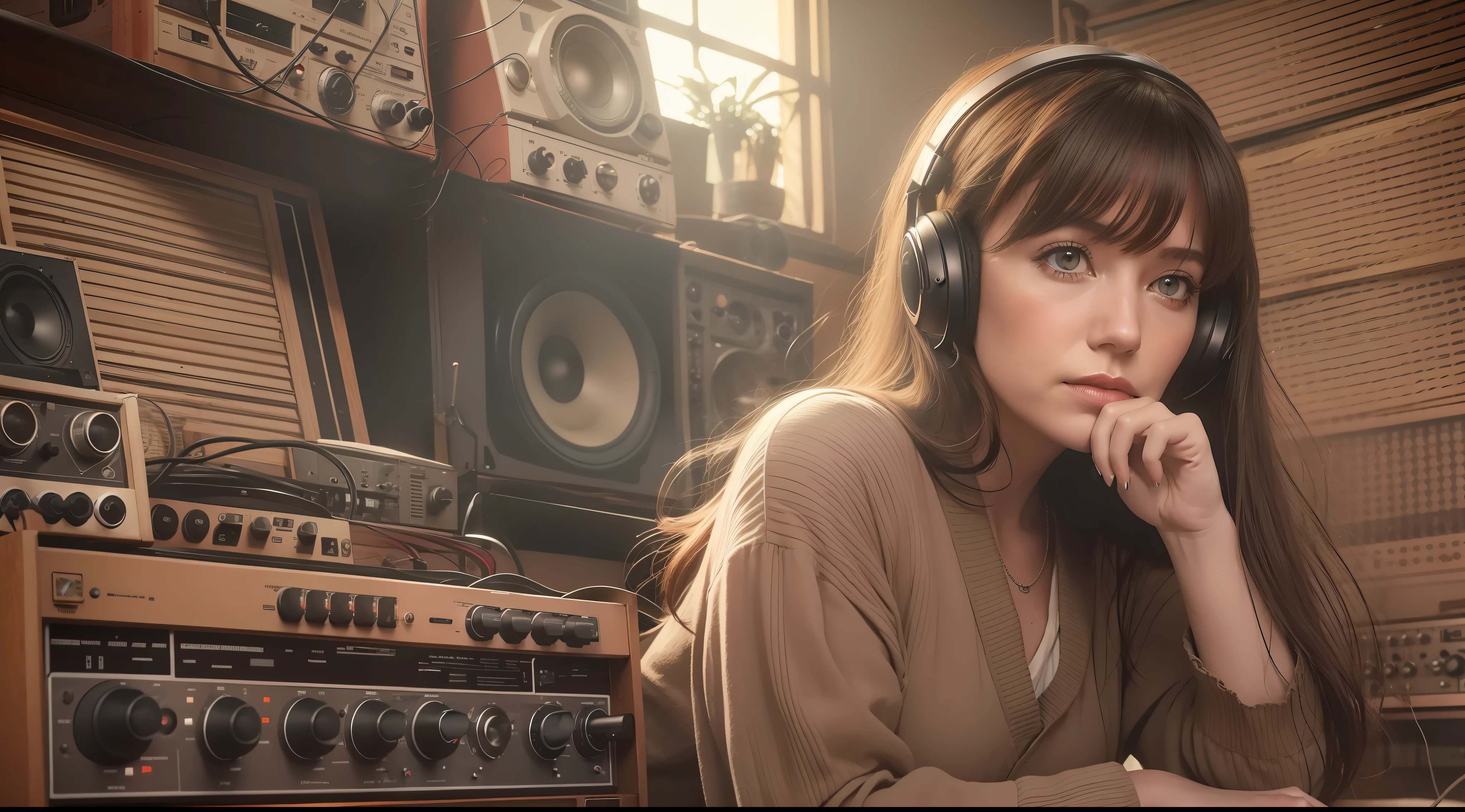 grainy old realistic photo of a beautiful female singer sitting in a crowded messy dusty, cozy audio studio with vintage amps, synts, old used speakers, wires, microphones, audio equipment, in 1973, posters on the wall, paper notes on the floor, extreme high quality, volumetric lighting, light rays shining trough the windows, cinematic lighting, backlights, crimson sunset, depth of field, retro, low angle shot, perspective, ambient occlusion, misty, old, warm, intimate, perfect anatomy, symetric face, 70's fashion by Petra Collins