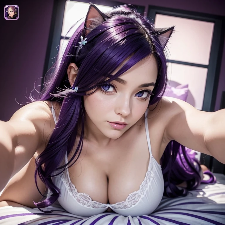 An adult woman laying on her back , doing a selfie, Sleepy face, white nightie, oreilles de chat, Cat tail,; Dark and Purple hair, curved long hair, little boobs ,Cute, Avatar de seconde vie, Nice screenshot, Femme seduisante vue complète du corps, High quality, very detailed skin, top view