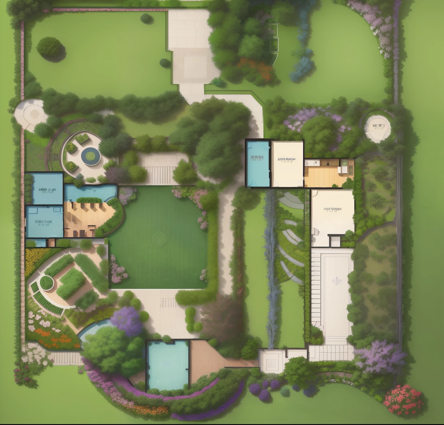 Villa landscape picture，Color floor plan，bird's eyes view，AutoCAD，Abundant plant top view，Different colored lines and shapes，Identifies different landscape elements and plants。The entire design layout looks quite complex and detailed，including various trees、bushi、Flower beds and other garden design elements，such as a bench、Waterscape, etc.。