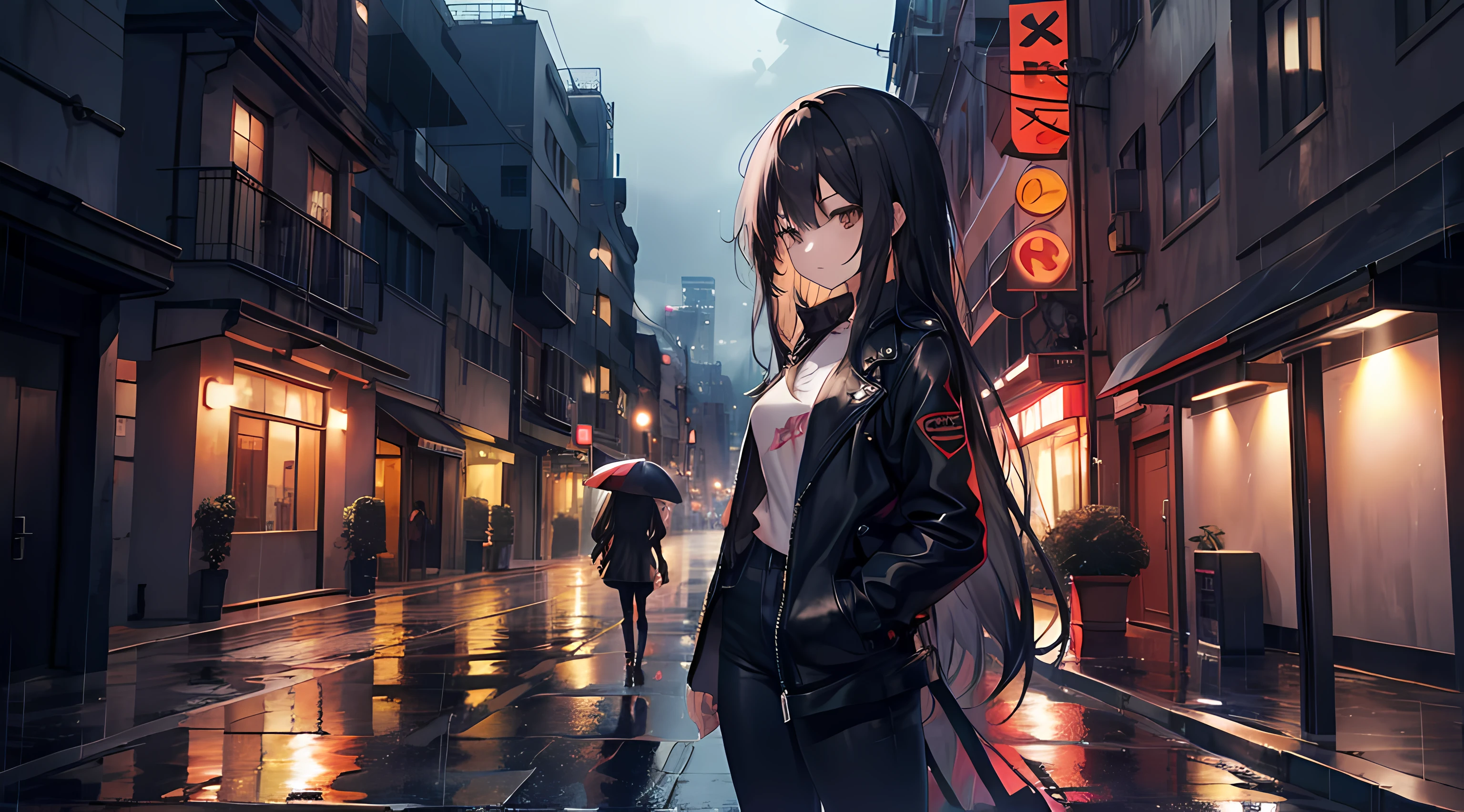 anime girl standing in the city streets, rain, night, buildings in the background, (1girl), long black hair, brown eyes, black leather jacket, jeans, leaning against a wall, ultrasharp, masterpiece, high res, 8k