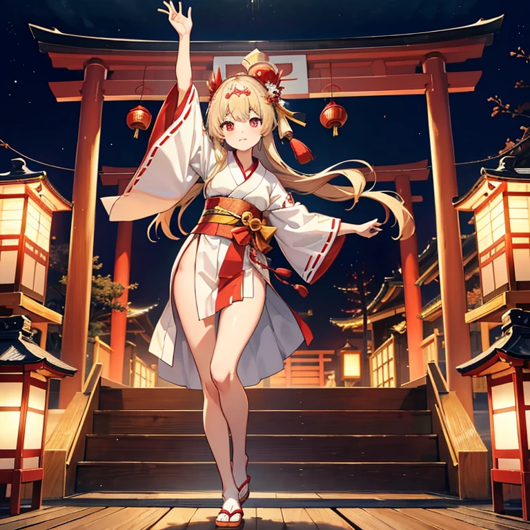 Night shrine、Japanese wooden stage、A shrine maiden girl in the middle of the stage(cabelos preto e longos、white and red knee-length kimono、I have a bell in my hand、thigh、bare-legged、gold ornament on head)is dancing、ritualistic、high-level image quality、matsuri
