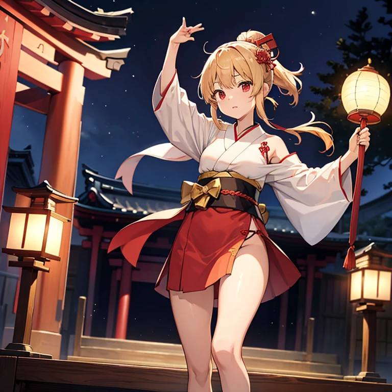 Night shrine、Japanese wooden stage、A shrine maiden girl in the middle of the stage（cabelos preto e longos、white and red knee-length kimono、I have a bell in my hand、thigh、bare-legged、gold ornament on head）is dancing、ritualistic、high-level image quality、matsuri