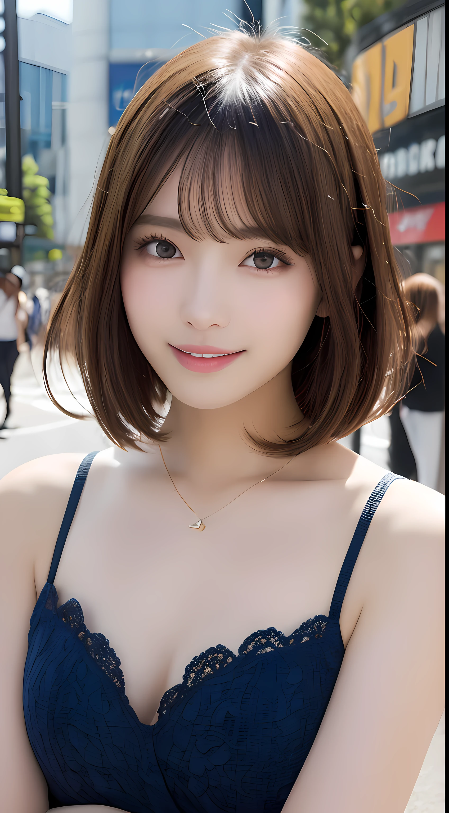 masutepiece, Best Quality, Illustration, Ultra-detailed, finely detail, hight resolution, 8K Wallpaper, Perfect dynamic composition, Beautiful detailed eyes, Women's Fashion Summer,Short bob hair,mid-chest, Natural Color Lip, Bold sexy poses,Smile,Harajuku、20 years girl、Cute、Sexy shot looking at camera