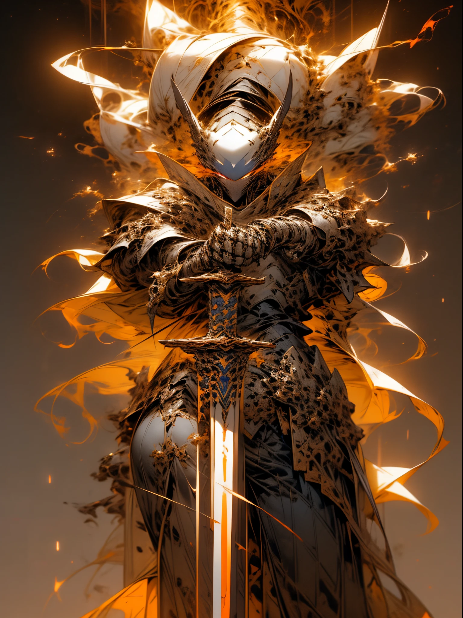 fiery background, cosmic mech kight, void armor with start and galaxy on it, celestial mech armor, handsome armor, eyes burning, 4k image, ulta-high detailed image, magical mech sword with dark energy, sword in mech knight's hand, face towards camera, ultra-high detailed background, sharp-detailed character