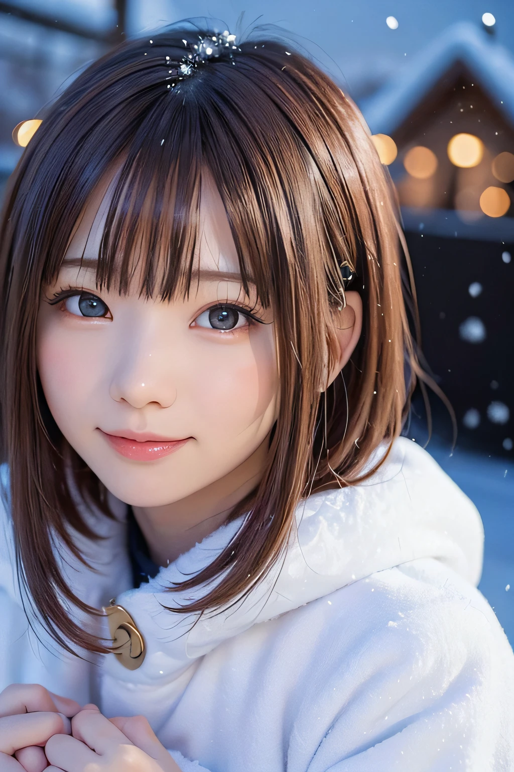 ((snow hair ornament))、snow forest girl,Medium bob hair.brown haired,Beautiful detailed eyes,Beautiful detailed lips,extremely detailed eye and face,longeyelashes,Traditional Illustration,Ultra-detailed,natural,Serene,Winter wonderland,Snowy trees,Sparkling snowflakes,Best Quality,8K,hight resolution,masutepiece:1.2,Ultra-detailed,Realistic:1.37,Snowy landscape,Soft pastel colors,The tree々Warm sunlight shining in from between,subtle shadows,peaceful,tranquil,An enchanted forest. Japanese girl with a shy smile、(((night snow mountain ski resort background))),((Blur the background))