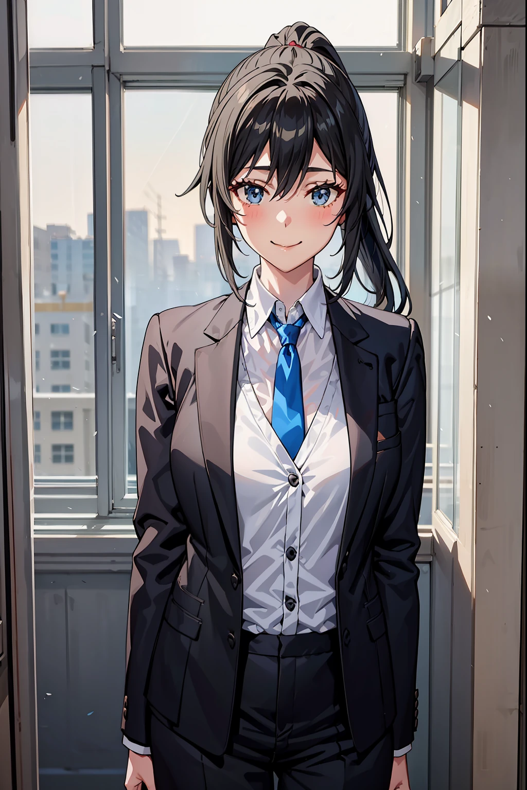 Yukinoshita Yukino wears a tuxedo coat, 1girl, Snafu anime, Female Butler, Elegant blue evening tie, collared shirt, bloomers, Black tail coat, Detailed background of the room, eyes blue, closed mouth, Smileing, Very sexy girl in suit and tie standing by the window, 1girl, 独奏, necktie, Black hair, eyes blue, long  hair, smile, jacket, looking at the scenes, shirt, bloomers, blue necktie, collared shirt, white pants, white shirt, indoors, explosions, long-sleeved, closed mouth, window, black jacket, blush, cowboy shot, ceremonial, Yukinoshita Yukino suit, A woman in a black suit and blue tie is standing next to a windowsill, 1girl, 独奏, necktie, eyes blue, jacket, indoors, Black hair, smile, shirt, ponytail, bloomers, looking at the scenes, collared shirt, curtains, blue necktie, hand in pocket, window, black jacket, closed mouth, blush, ahoge, open vest, black trousers, explosions, white shirt, ceremonial, long  hair, suit, long-sleeved, Open clothes Yukinoshita Yukino, A woman in a black suit and blue tie is standing next to a windowsill, 1girl, 独奏, necktie, eyes blue, jacket, indoors, Black hair, smile, shirt, ponytail, bloomers, looking at the scenes, collared shirt, curtains, blue necktie, hand in pocket, window, black jacket, closed mouth, blush, ahoge, open vest, black trousers, explosions, white shirt, ceremonial, long  hair, suit, long-sleeved, A uniformed open-dress lady stands in a large gap in the room, 1girl, 独奏, necktie, Black hair, eyes blue, long  hair, smile, jacket, looking at the scenes, shirt, bloomers, blue necktie, collared shirt, white pants, white shirt, indoors, explosions, long-sleeved, closed mouth, window, black jacket, blush, cowboy shot, ceremonial, Suit Yukinoshita Yukino wears a tuxedo coat, 1girl, Snafu anime, Female Butler, Elegant blue evening tie, collared shirt, bloomers, Black tail coat, Detailed background of the room, eyes blue, closed mouth, Smileing