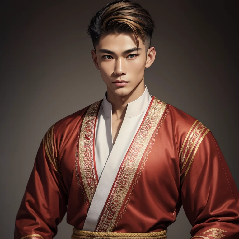 realistic,ultra hd,Handsome mixed Danish and Japanese man, height 194 cm, ideal athletic body, blonde hair, undercut, dressed in traditional Indonesian clothes, sharp eyes, brown eyes, handsome, princely, white, firm jaw, jawline, body calisthenics, perfect man, age 27 year, black photo studio background,like nanami kento from the anime jujutsu kaisen.