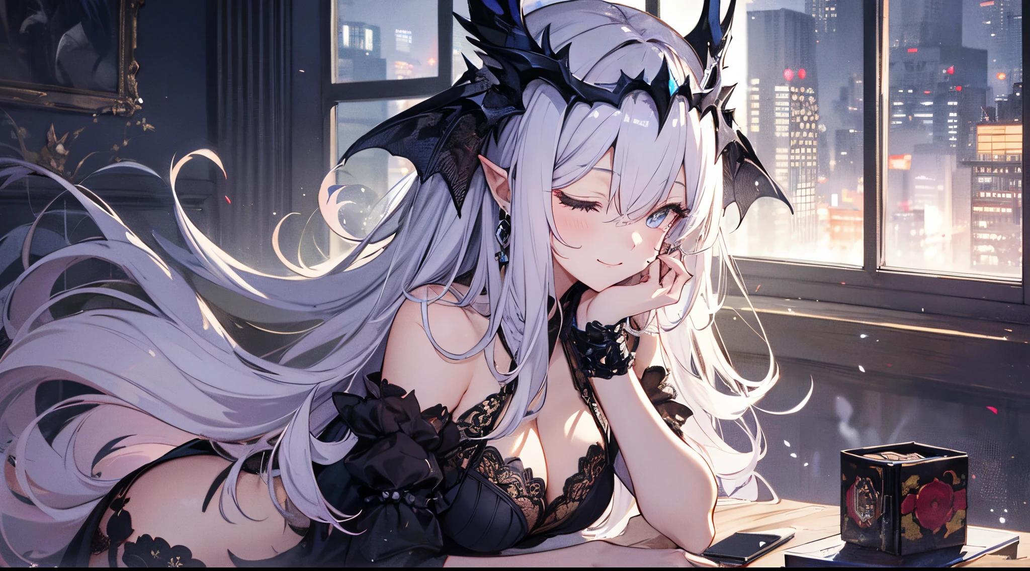 ((tmasterpiece:1.4,Best quality))+,(hyper-detailing)+,(Bandage around eyes)+,(pointy ears:1.5),
(cute female child),15year old,(A black cloth covers the eyes:1.15),(Long pale pink hair,Low double ponytail,Bushy hair:1.5),(wariza:1.2),pale-skinned,seduct smile,black crystal block,God of darkness'Fe,Red crystal on forehead,Dragon tail,black crown,White Bone Throne,Dead tree,With his eyes closed
(She was wearing a shabby pink dress,grey dress,bone pattern,:1.5),(black Bracelet:1.4)The sleeves are extra-long,black spiked headdress,dense fog,white colossus,Dream bubbles,black fingernails,red apple,Sitting on an old wooden chair,metal chains,Black silk gloves,old
(Demon Maiden:1.1),
(dawn light:1.2),
(Thick black and white:1.16),(depth of fields:1.4),Complicated details,color mixing,Detailed route,Excellent,super detailing,The content is very detailed,(hight contrast:1.11),ventania,Amazing cleavage,beautidful eyes,messy hair,(best illuminate,Extremely Delicately Beautiful), ((movie light lighting)), (seen from the side:1.3),8K,tmasterpiece,Best quality,cinematic Film still from,1 plump girl,(Close-up cleavage:1.1),bright,Interesting,gentlesoftlighting,(bauhause,shape,line engineering,Abstract:1.1)offcial art, Unity 8k壁纸, ultra - detailed, Beautiful and beautiful, tmasterpiece, Best quality, (dynamic angle:1.4),Perfect NwsjMajic,(tmasterpiece,top-quality,Best quality,offcial art,Beauty and aesthetics:1.2),The content is very detailed,rich colourful,highest details,