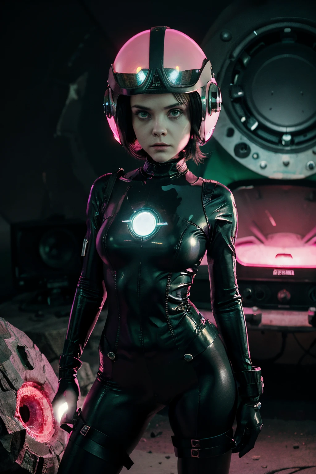 A Modern flat toon Crazy whit a Big ONE a Only Eye Robot and helmet Style, like Christina Ricci in PINK, tongs in hands, Tv head, pinhead, camouflage Pink Light Green Rusty, Ambient in a meteorite crater super detailed, center, beautiful, soft lighting, focused on the character, 4K resolution, photorealistic rendering,