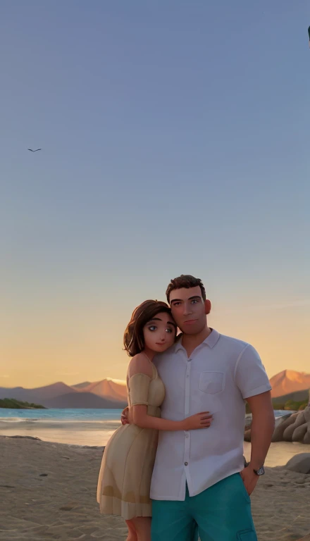 Hay un hombre y una mujer parados en la playa al atardecer, con puesta de sol, con una puesta de sol, with mountains in the background, Mountains in the background, Puesta de sol en el fondo, Charli Bowater y Artgeem, with mountains in background, en una hermosa puesta de sol, en la puesta de sol, colinas en el fondo, Puesta de sol en el fondo, inspirado por Ion Andreescu