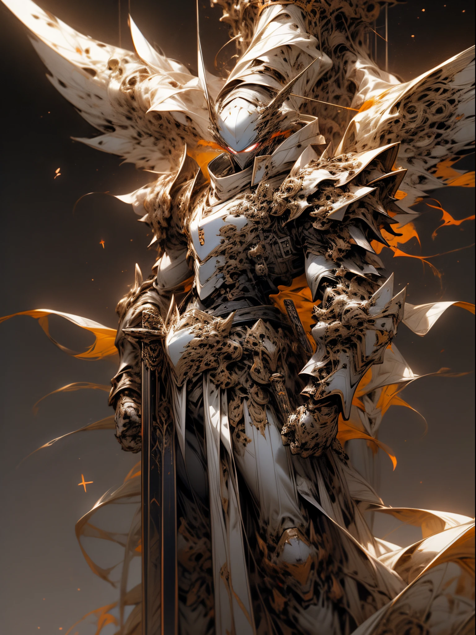 fiery background, cosmic mech kight, void armor with start and galaxy on it, celestial mech armor, handsome armor, eyes burning, 4k image, ulta-high detailed image, magical mech sword with dark energy, sword in mech knight's hand, face towards camera, ultra-high detailed background, sharp-detailed character