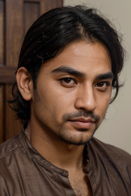 ((best quality, realistic, masterpiece, ethnicity)) nepali man, dreamy brown eyes, dark thick long eyelashes, thick straight eyebrows, perfect shaped nose, pouty pink lips, tanned clear skin, low hairline, short curly black hair and facial hair.