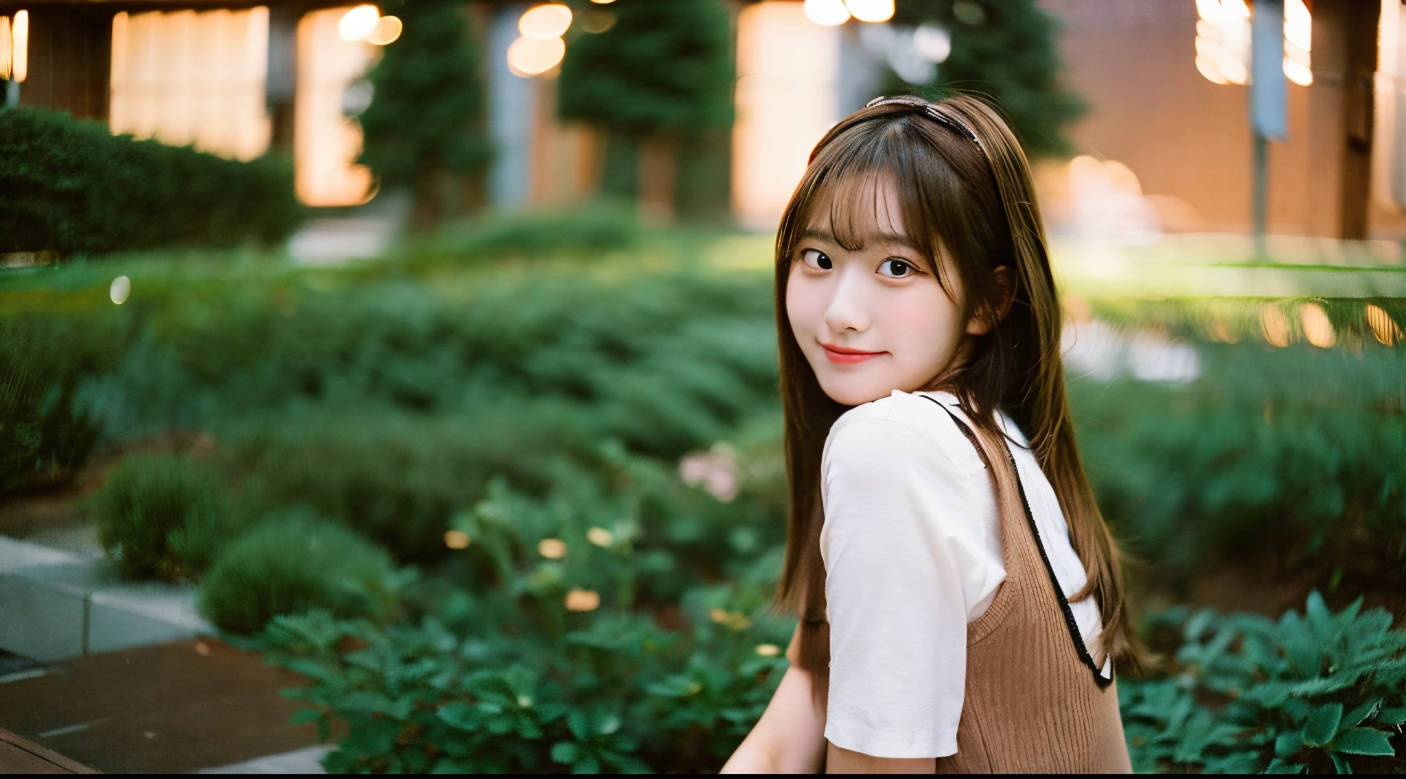 Cute female college student, 18 years old, wearing a copper-colored miniskirt