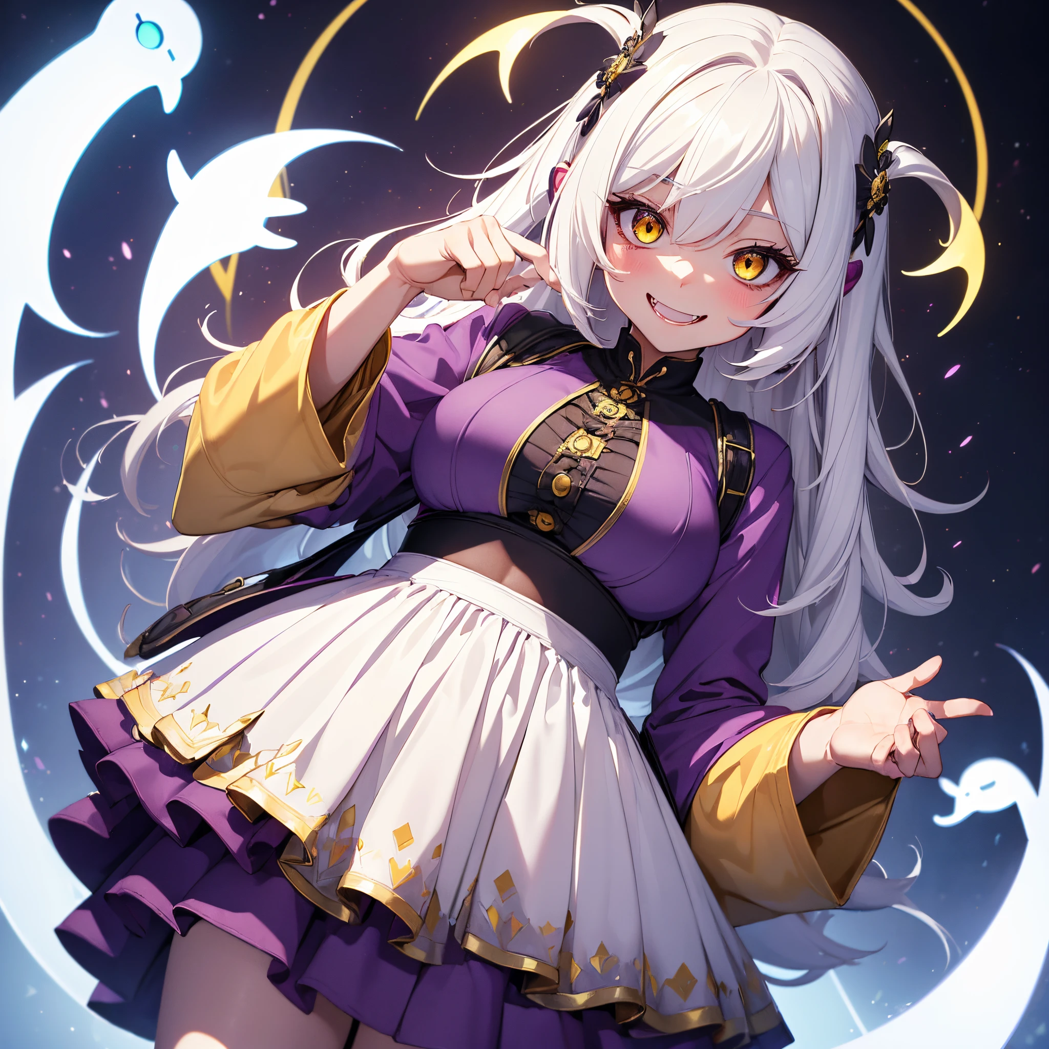 (((Masterpiece))), (((Best Quality: 1.4))), ((Super Detail: 1.4)) , adorable, innocent, yellow glowing eyes, highly detailed clothes, fangs, smiling, random hair style, random pose, blush, adult, big boobs, white hair, ((bags under eyes)), purple outfit, ghost
