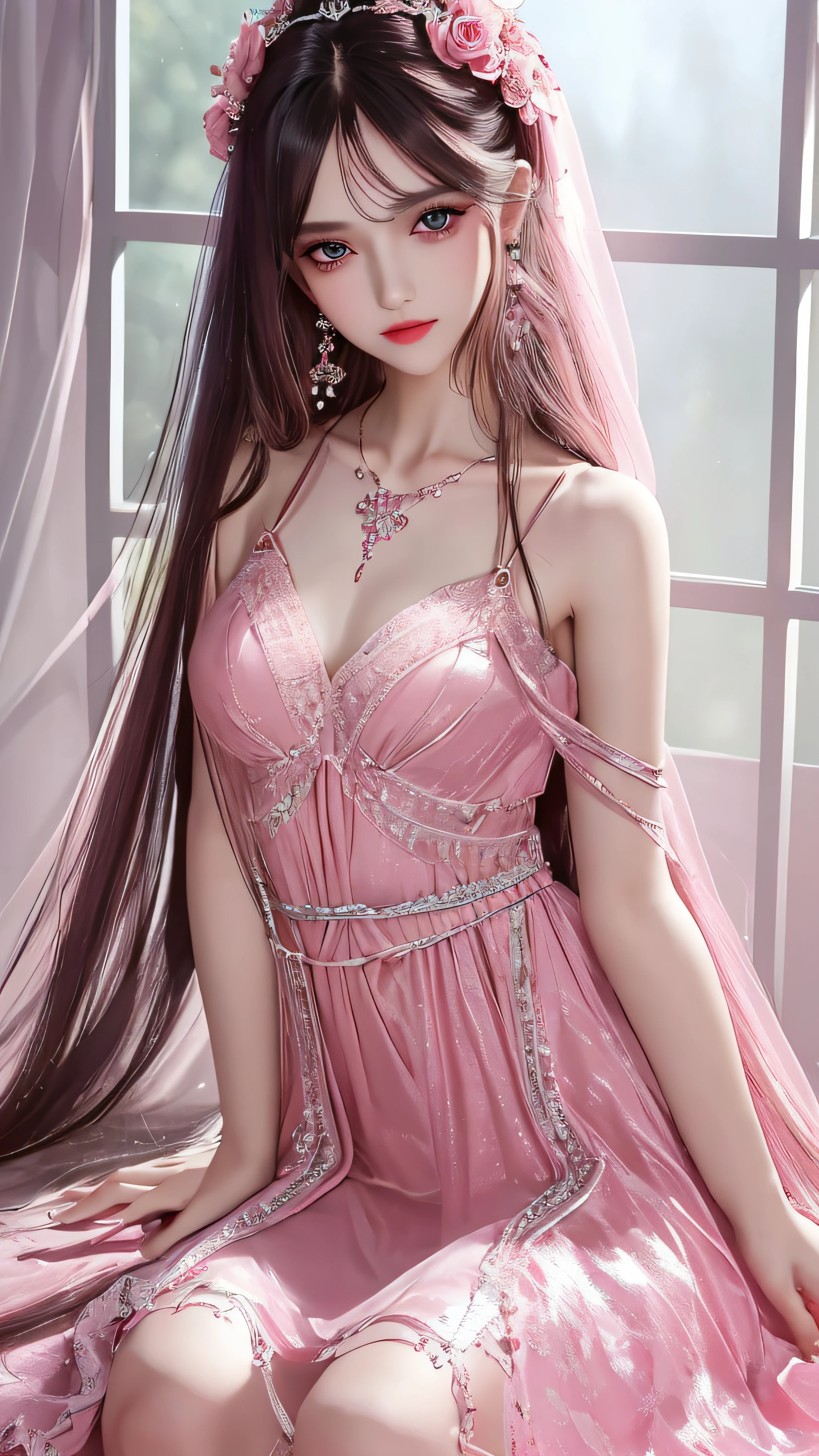 Masterpiece, mink cicada, sexy beauty, wearing pink sexy revealing clothes, glare eyes, brown hair, shy expression, hands on the head, chest straight, chest contour is obvious, plump, thin waist long legs upturned hips, higher image quality, 8k resolution, super high resolution, (realistic: 1.4)